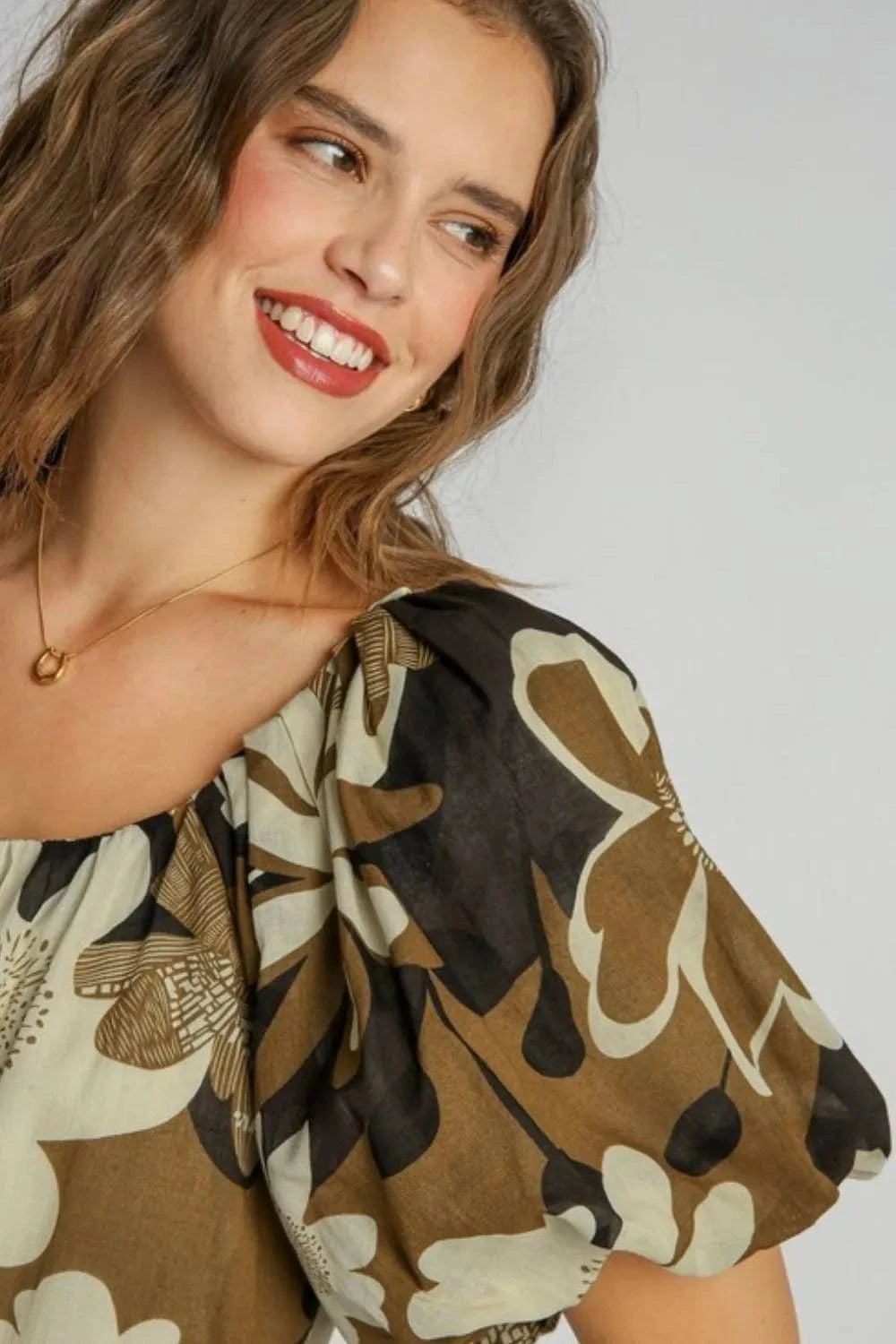 Umgee Full Size Print Round Neck Puff Sleeve Top Plus Size - ShalayeFashion