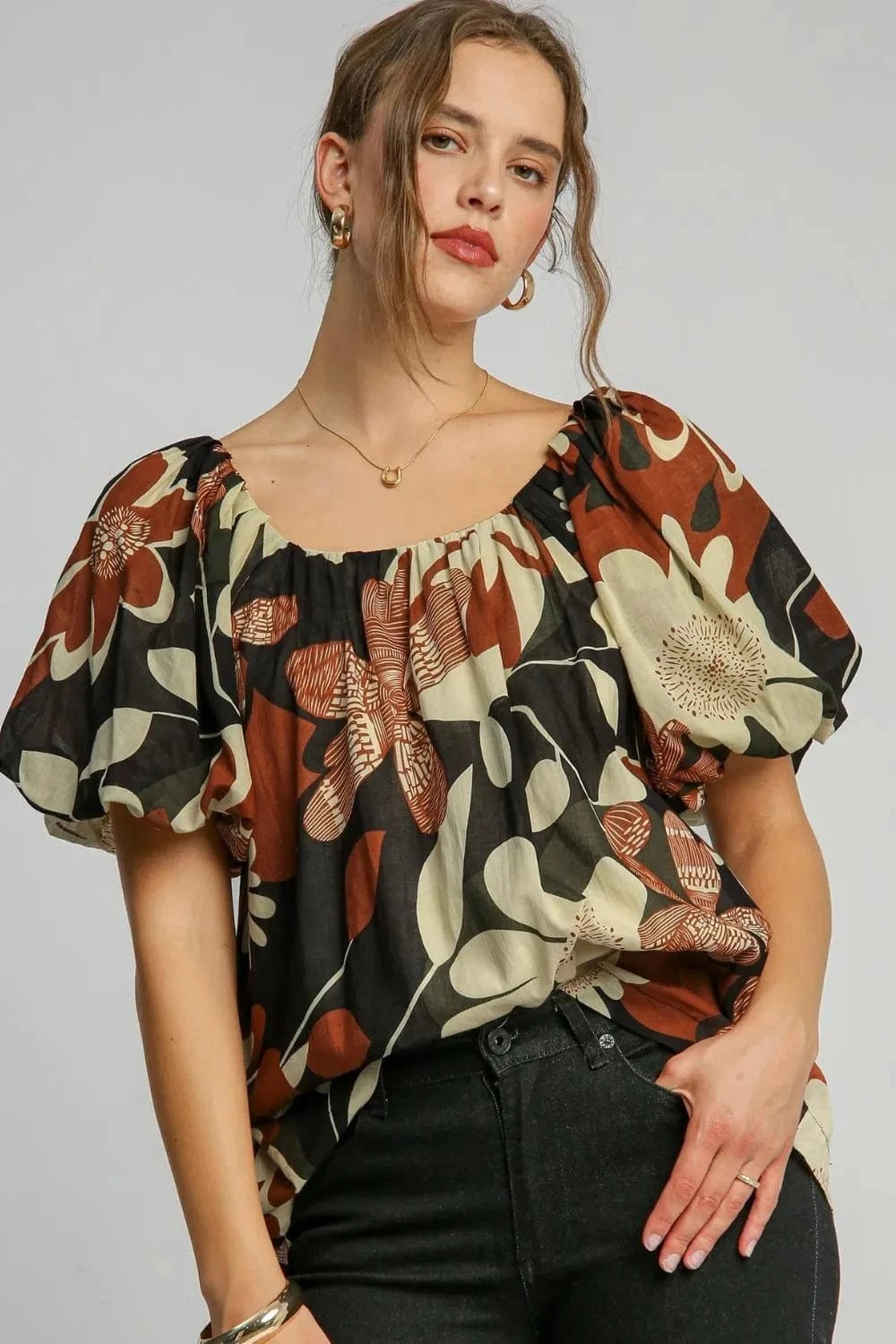 Umgee Full Size Print Round Neck Puff Sleeve Top Plus Size - ShalayeFashion
