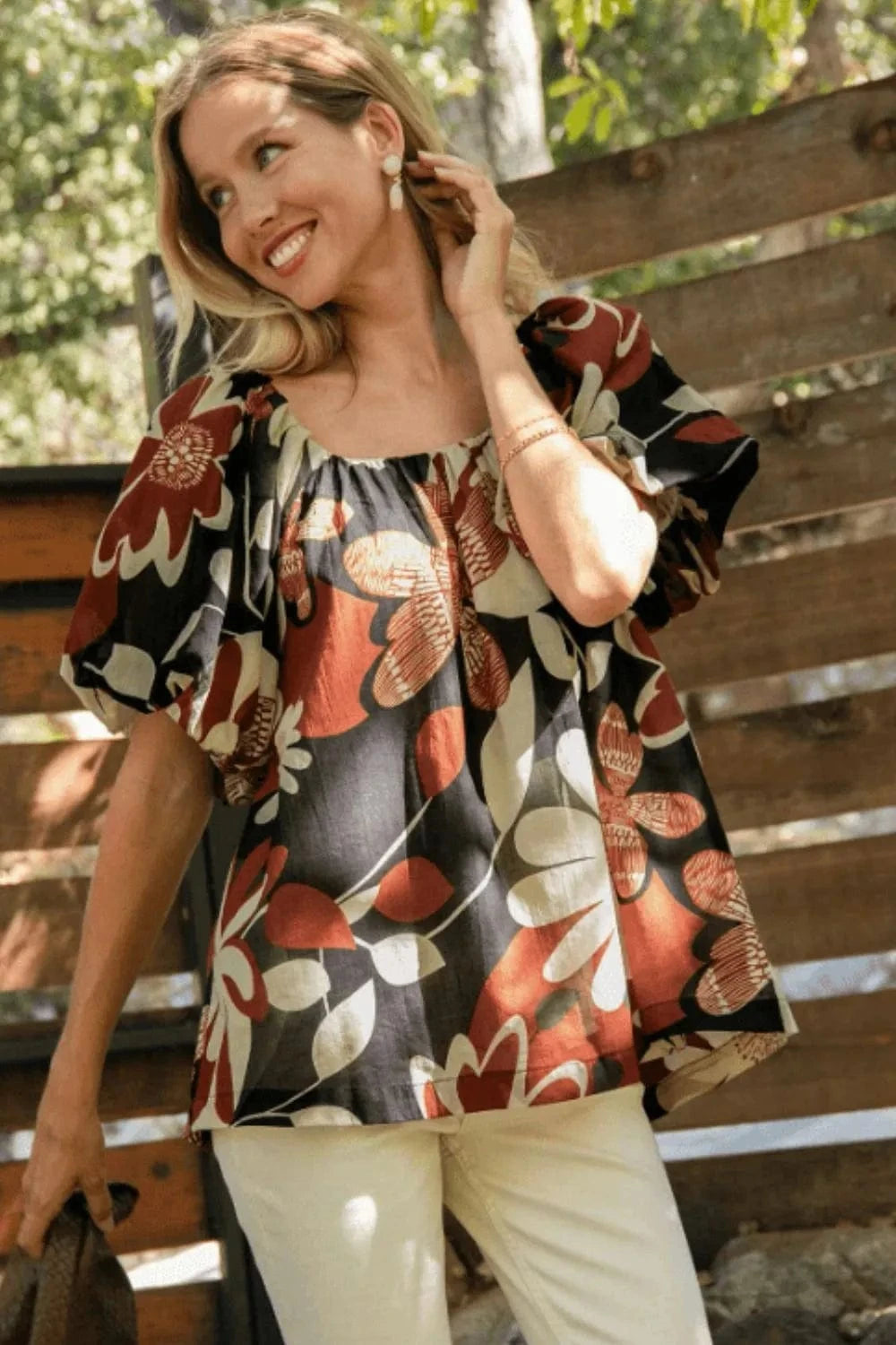 Umgee Full Size Print Round Neck Puff Sleeve Top Plus Size - ShalayeFashion