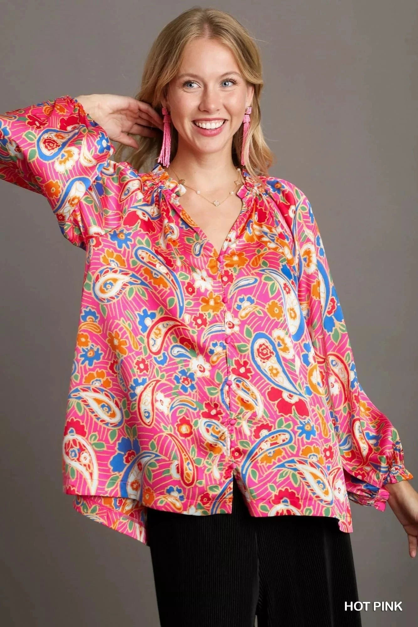 Umgee Full Size Satin Paisley Ruffle Neck Button - Up Shirt Plus Size - ShalayeFashion