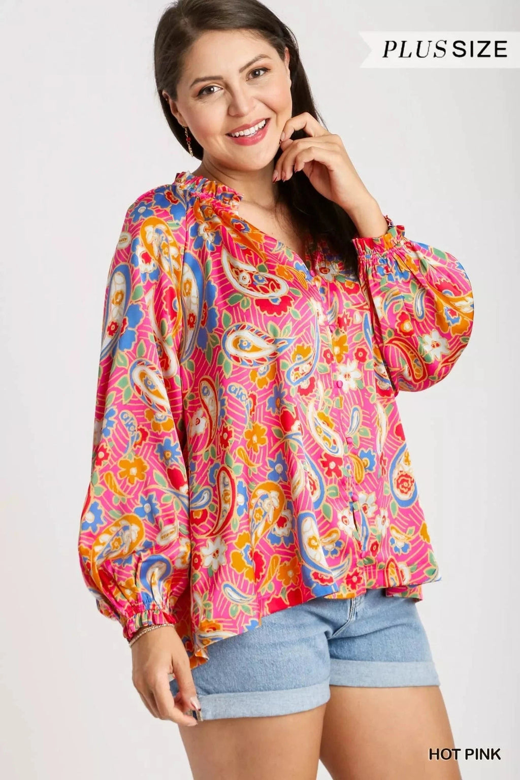 Umgee Full Size Satin Paisley Ruffle Neck Button - Up Shirt Plus Size - ShalayeFashion