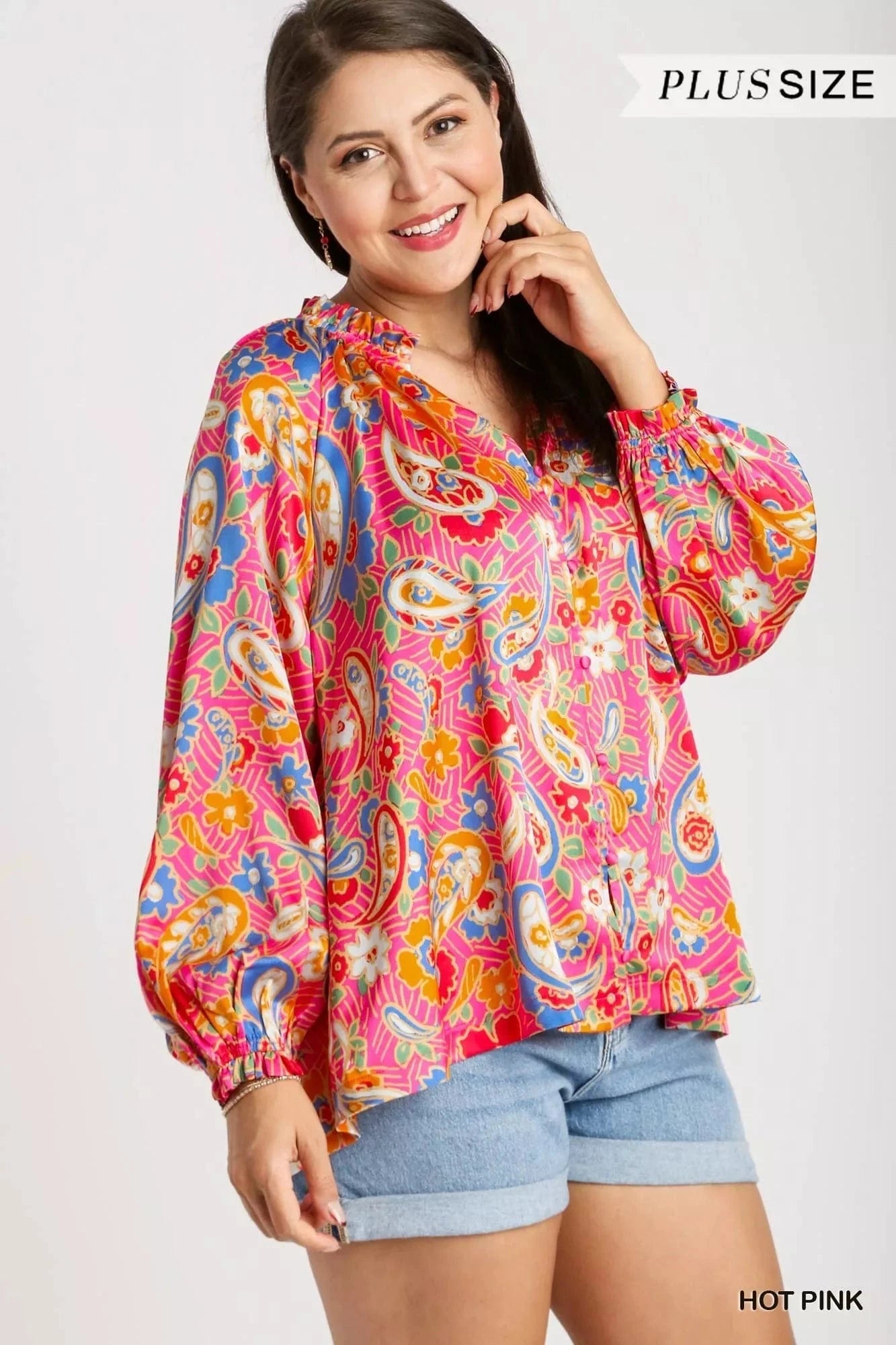 Umgee Full Size Satin Paisley Ruffle Neck Button - Up Shirt Plus Size - ShalayeFashion