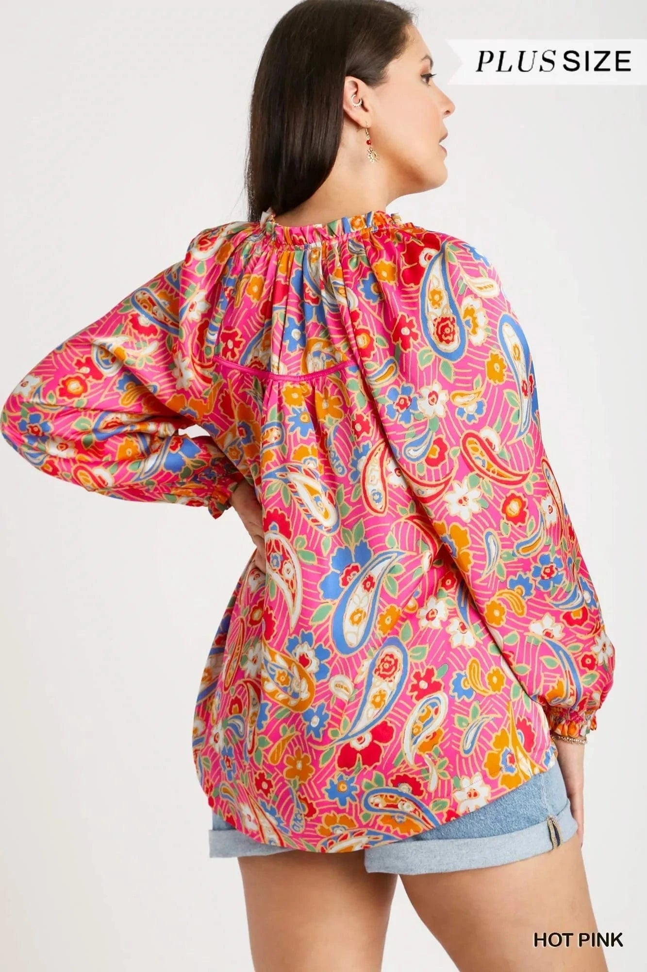 Umgee Full Size Satin Paisley Ruffle Neck Button - Up Shirt Plus Size - ShalayeFashion