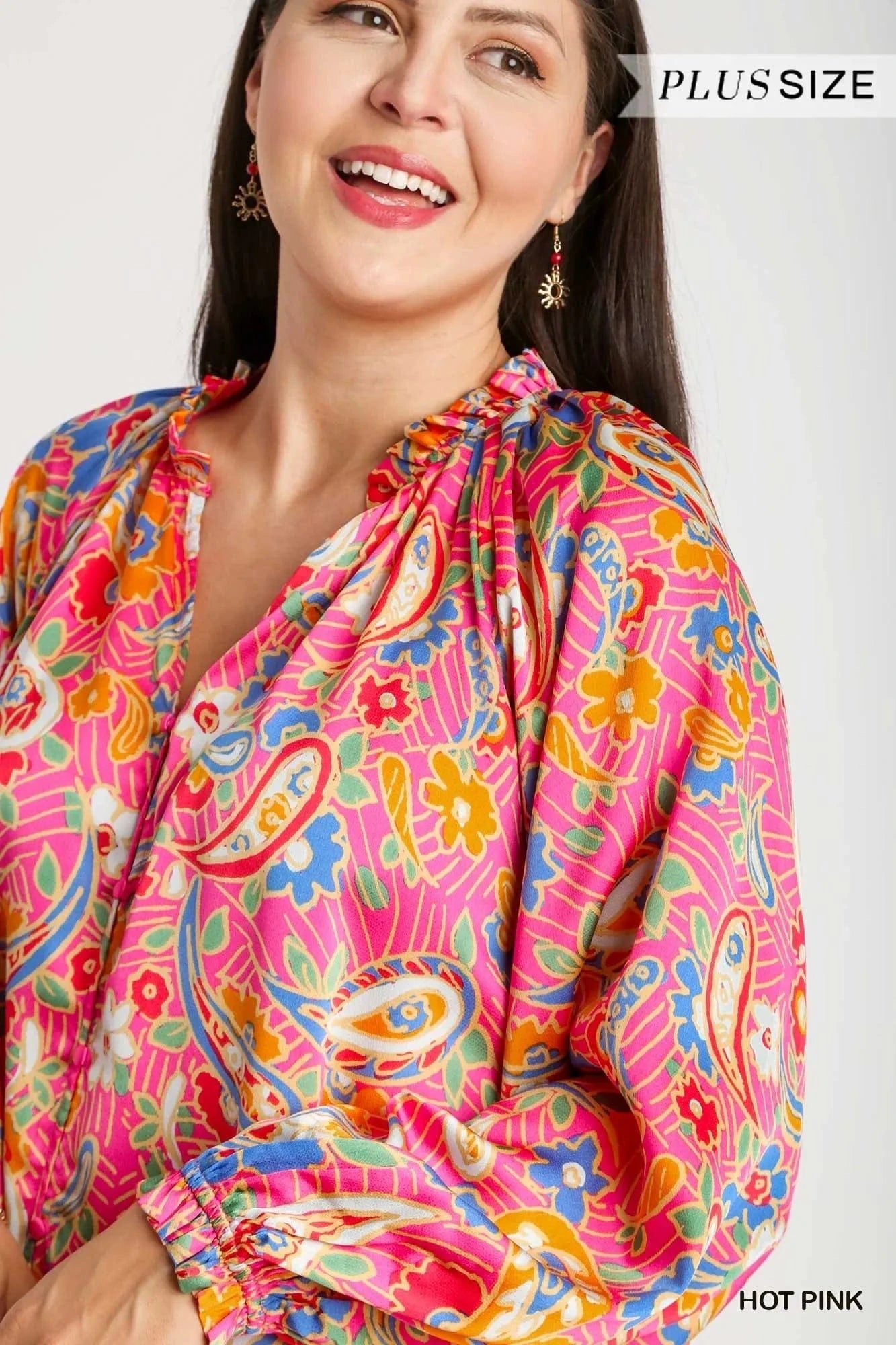 Umgee Full Size Satin Paisley Ruffle Neck Button - Up Shirt Plus Size - ShalayeFashion