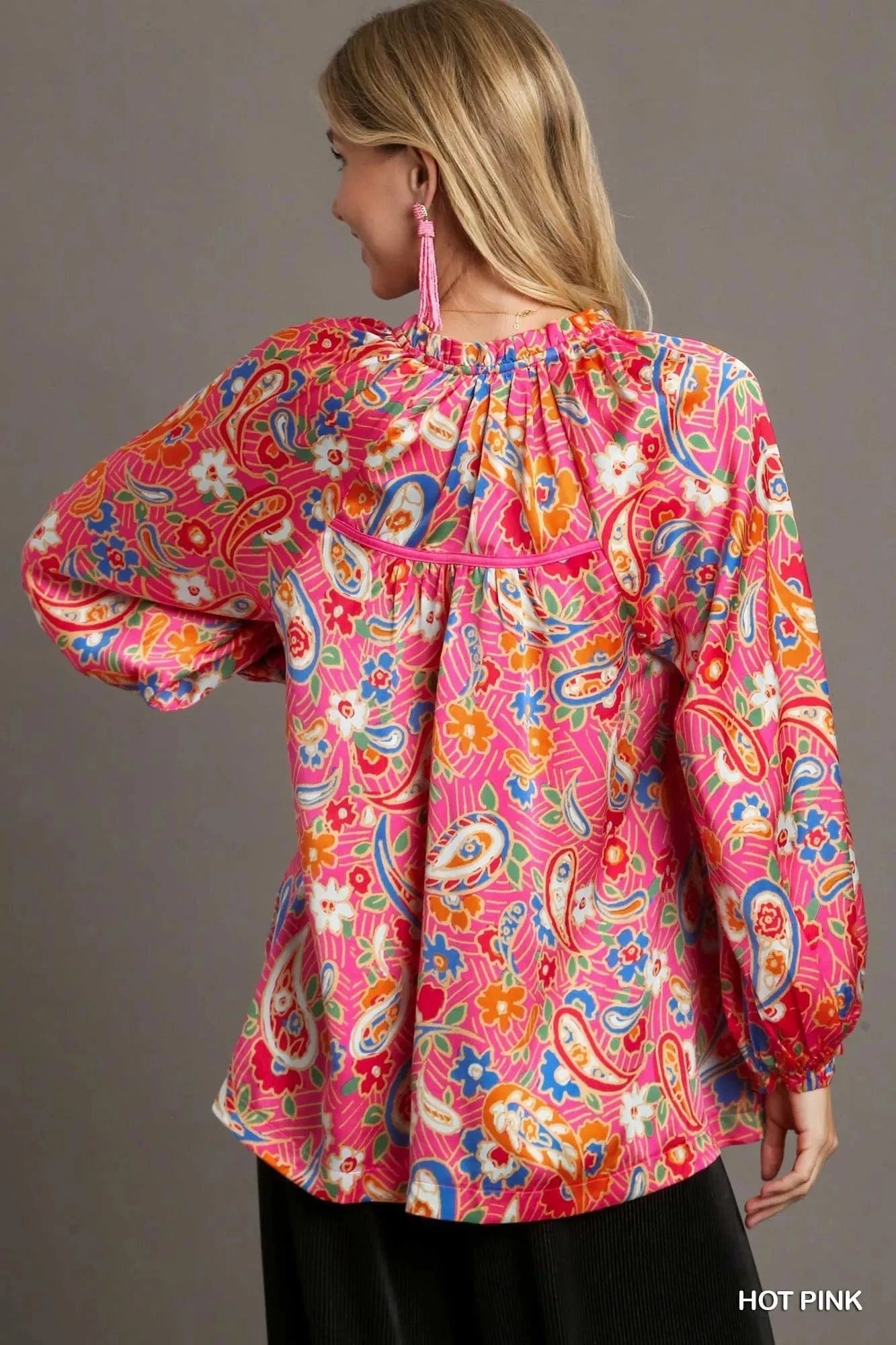 Umgee Full Size Satin Paisley Ruffle Neck Button - Up Shirt Plus Size - ShalayeFashion