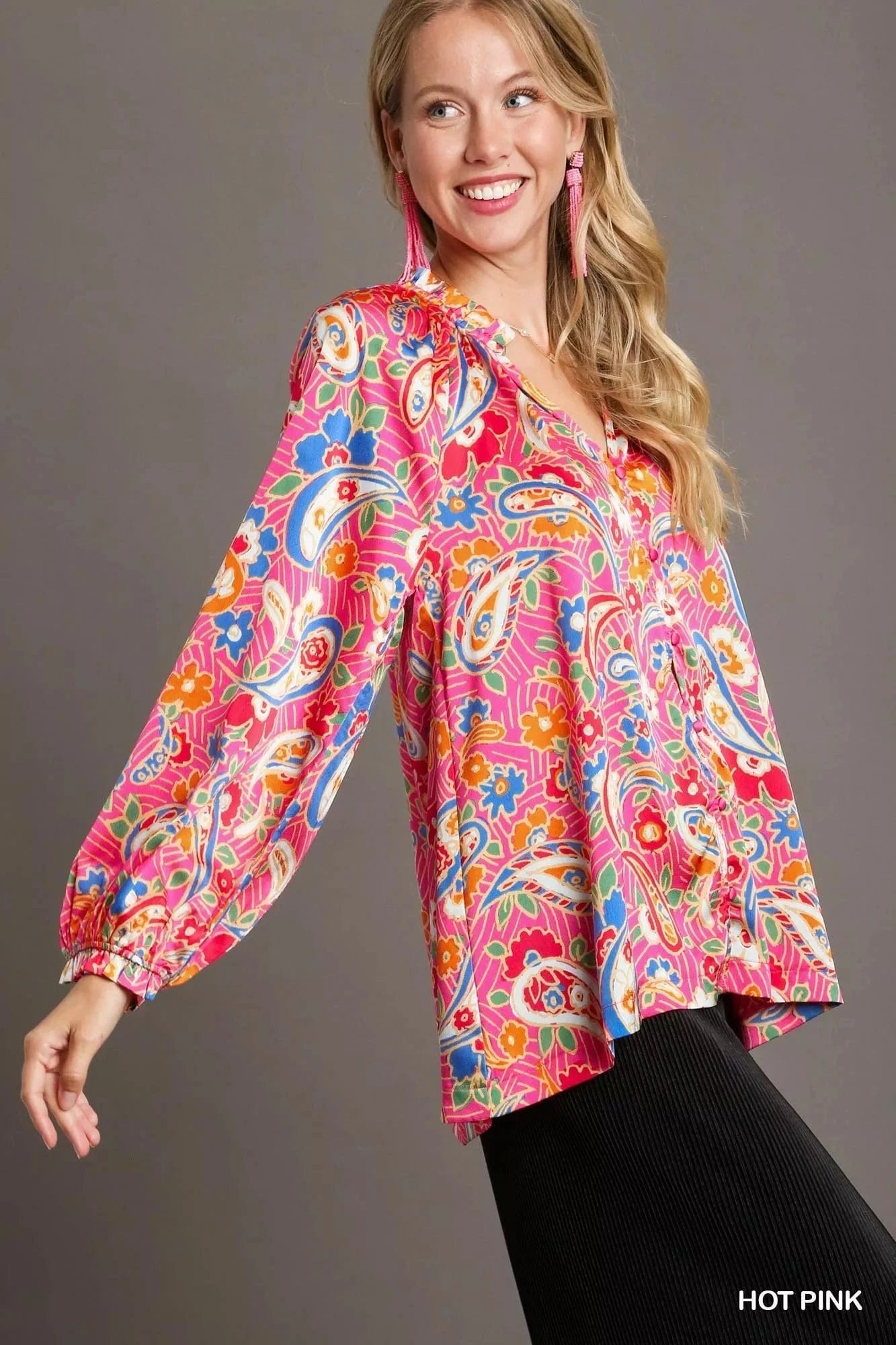 Umgee Full Size Satin Paisley Ruffle Neck Button - Up Shirt Plus Size - ShalayeFashion