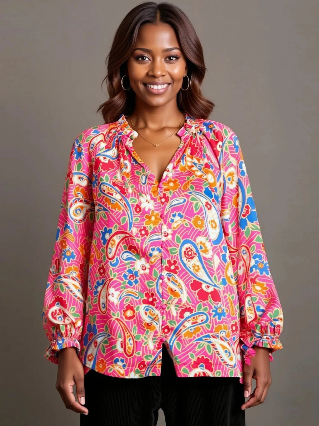 Umgee Full Size Satin Paisley Ruffle Neck Button - Up Shirt Plus Size - ShalayeFashion