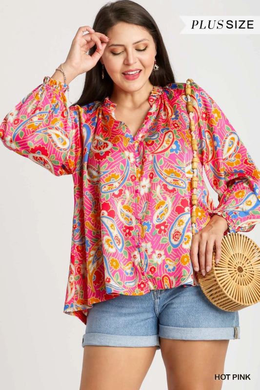 Umgee Full Size Satin Paisley Ruffle Neck Button - Up Shirt Plus Size - ShalayeFashion