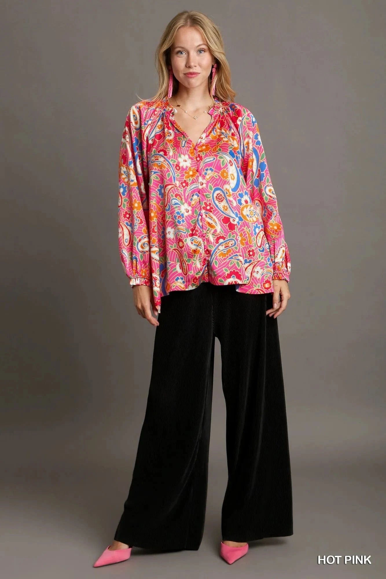 Umgee Full Size Satin Paisley Ruffle Neck Button - Up Shirt Plus Size - ShalayeFashion