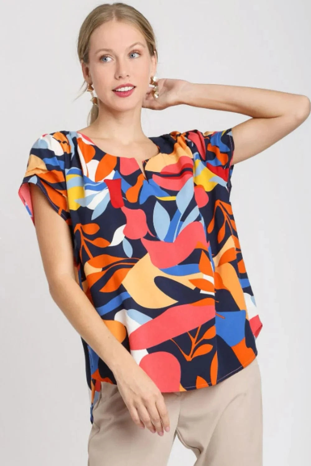 Umgee Full Size Short Sleeved Abstract Print Top Plus Size - ShalayeFashion