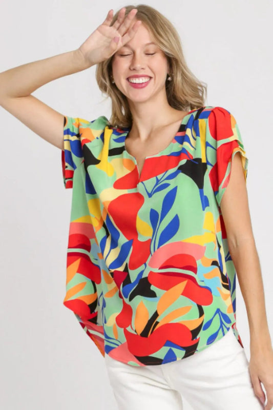 Umgee Full Size Short Sleeved Abstract Print Top Plus Size - ShalayeFashion