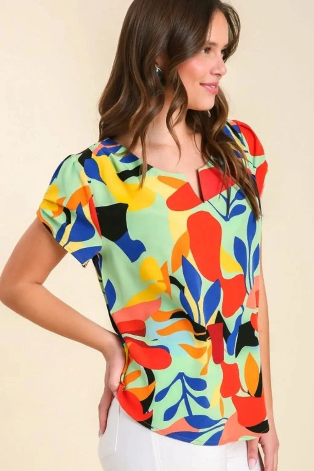Umgee Full Size Short Sleeved Abstract Print Top Plus Size - ShalayeFashion