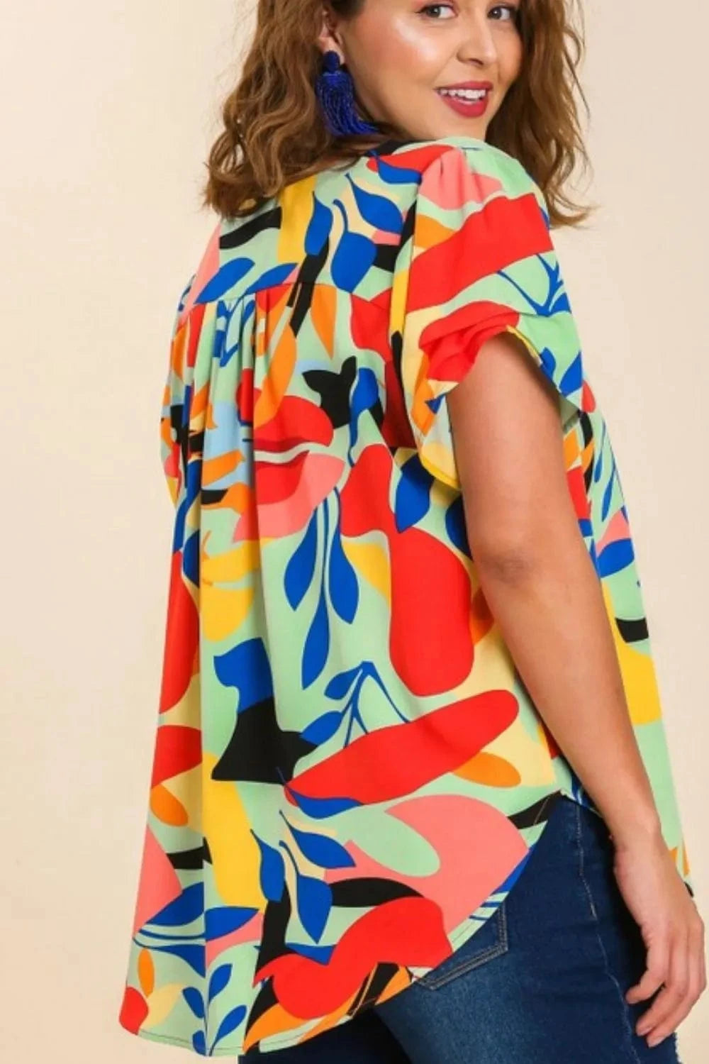 Umgee Full Size Short Sleeved Abstract Print Top Plus Size - ShalayeFashion