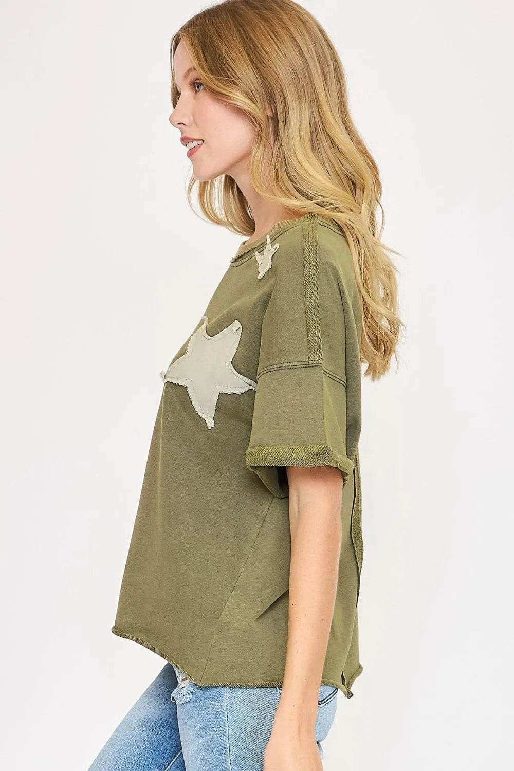 Umgee Full Size Star Patched Mineral Washed French Terry Top Plus Size - ShalayeFashion