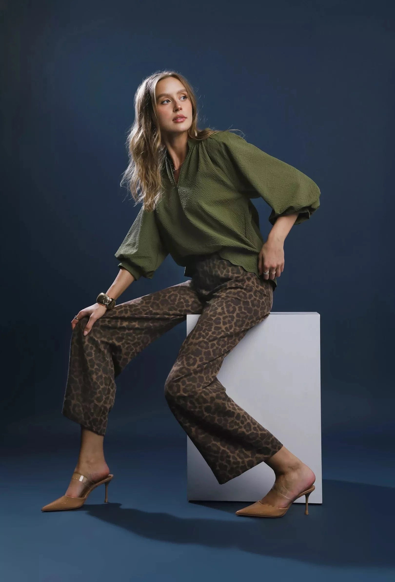 Umgee Full Size Textured Notched Balloon Sleeve Blouse Plus Size - ShalayeFashion
