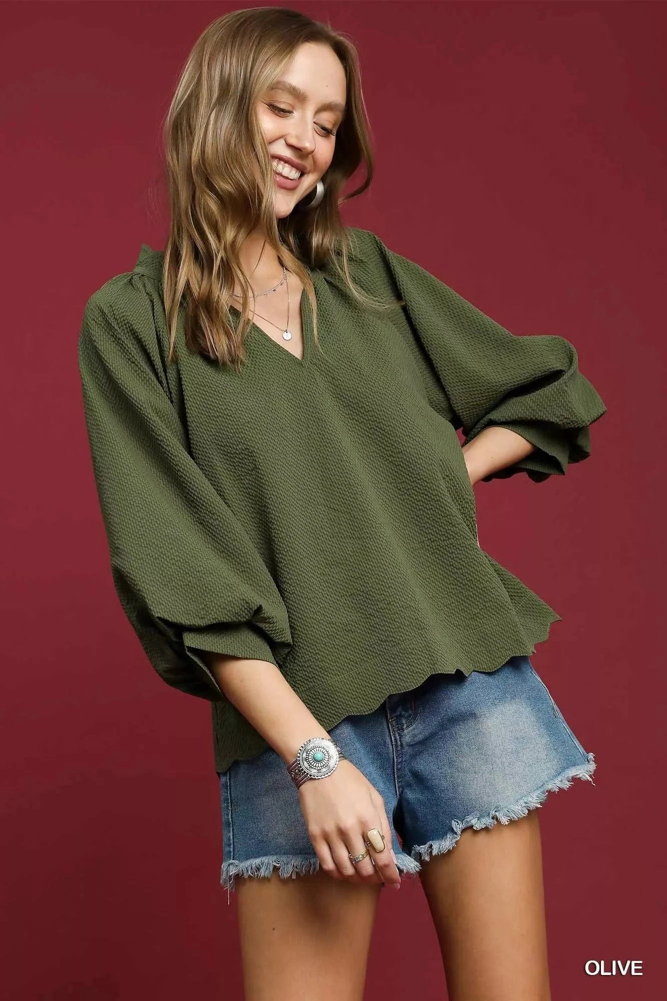 Umgee Full Size Textured Notched Balloon Sleeve Blouse Plus Size - ShalayeFashion