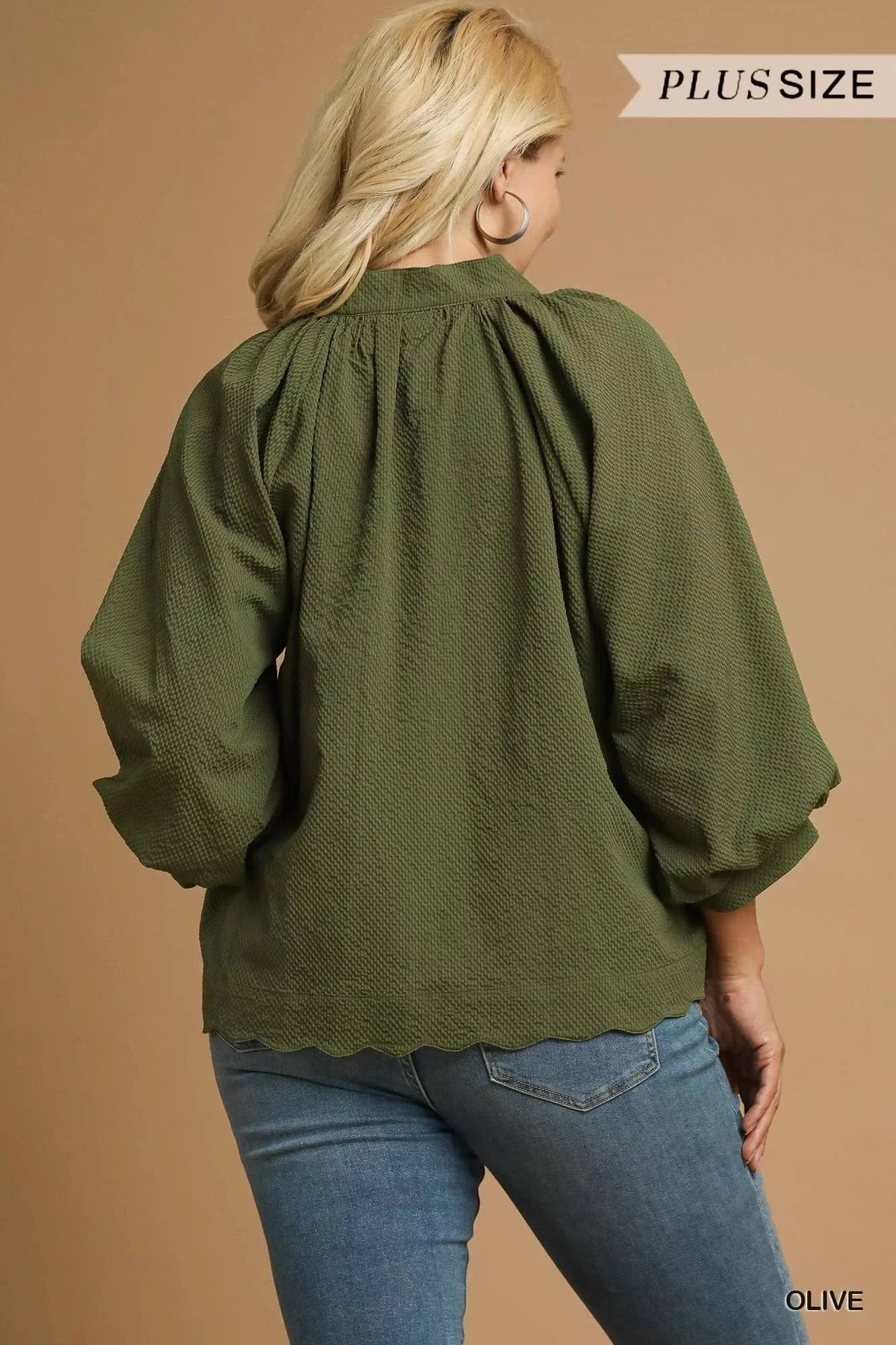 Umgee Full Size Textured Notched Balloon Sleeve Blouse Plus Size - ShalayeFashion