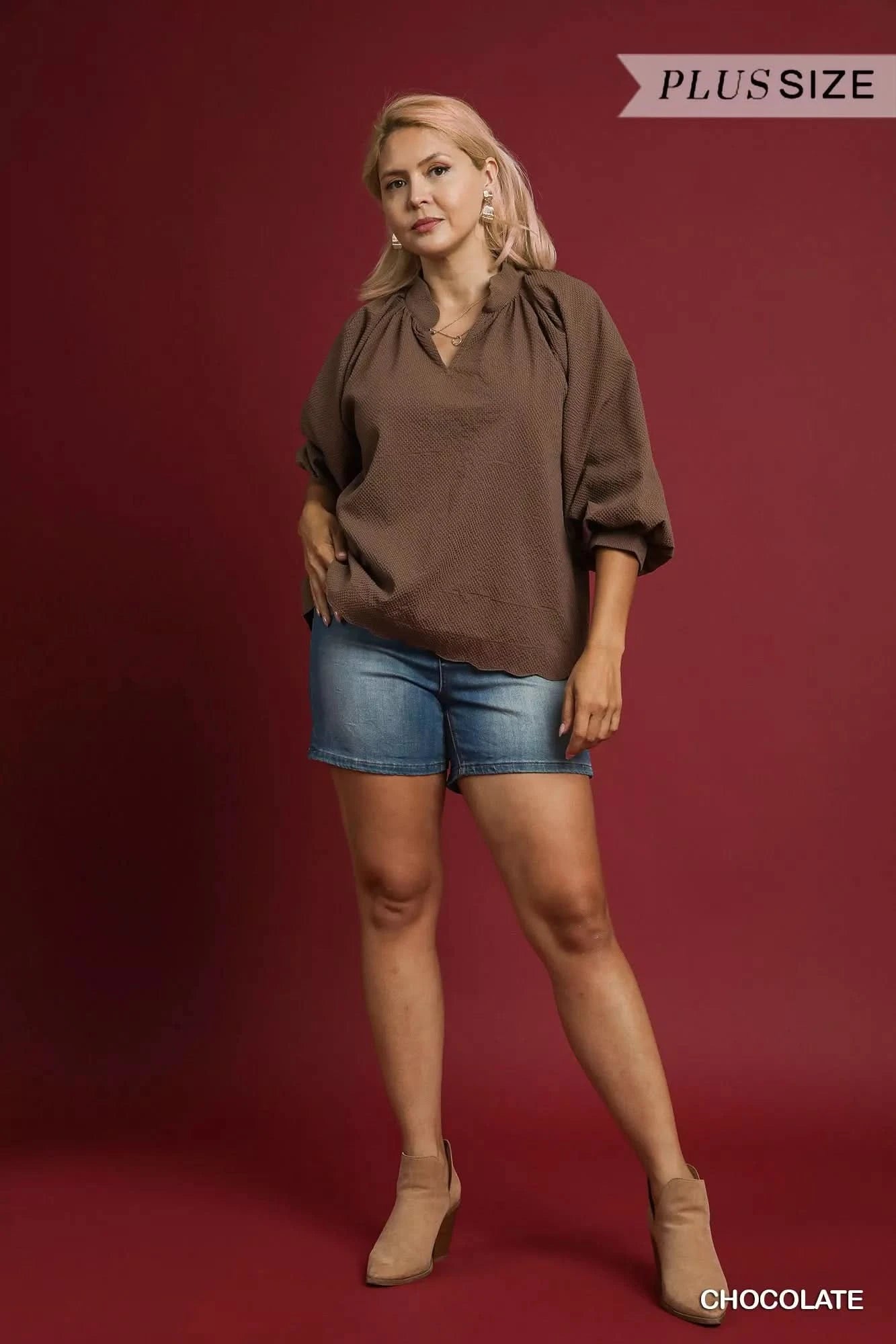 Umgee Full Size Textured Notched Balloon Sleeve Blouse Plus Size - ShalayeFashion
