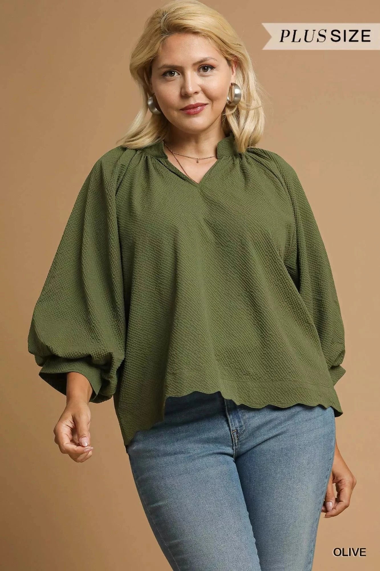 Umgee Full Size Textured Notched Balloon Sleeve Blouse Plus Size - ShalayeFashion