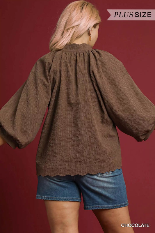 Umgee Full Size Textured Notched Balloon Sleeve Blouse Plus Size - ShalayeFashion