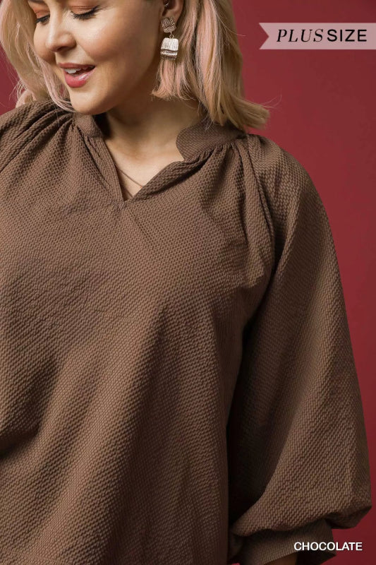 Umgee Full Size Textured Notched Balloon Sleeve Blouse Plus Size - ShalayeFashion