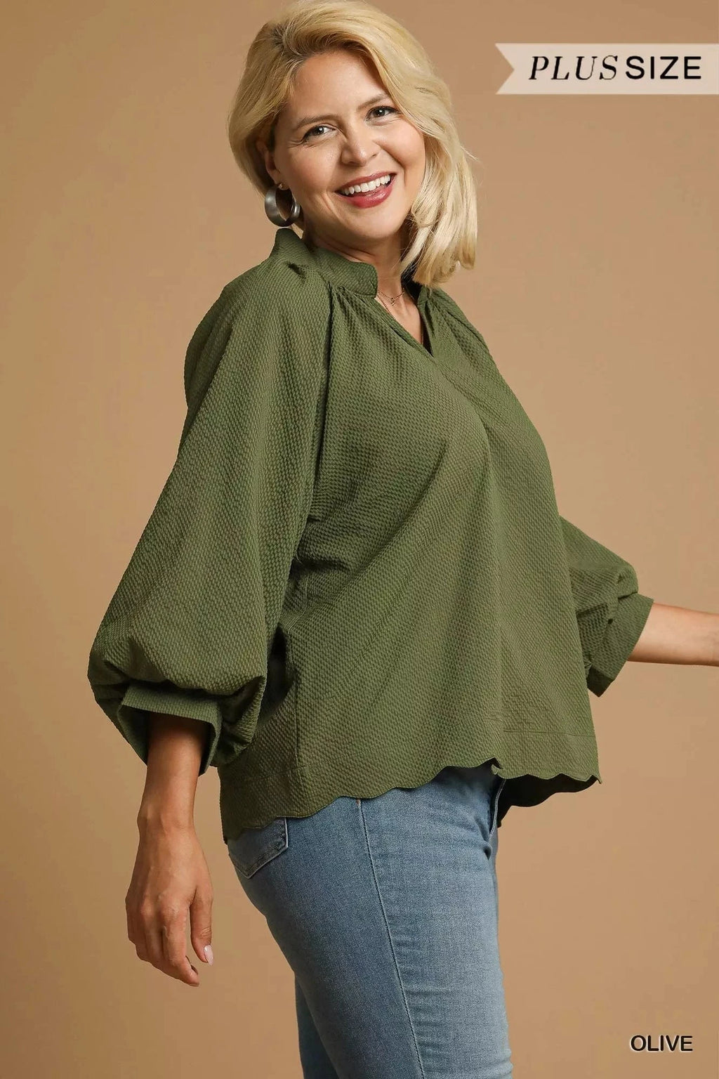 Umgee Full Size Textured Notched Balloon Sleeve Blouse Plus Size - ShalayeFashion
