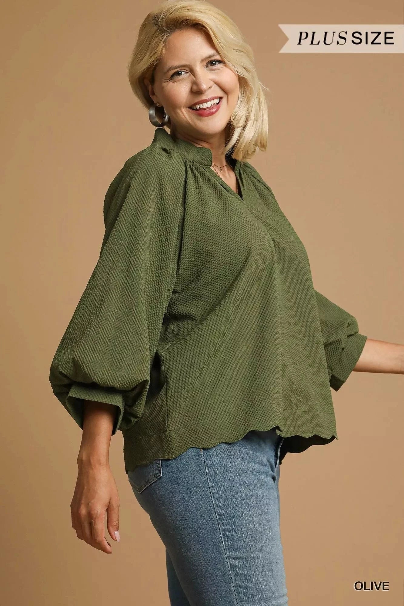 Umgee Full Size Textured Notched Balloon Sleeve Blouse Plus Size - ShalayeFashion