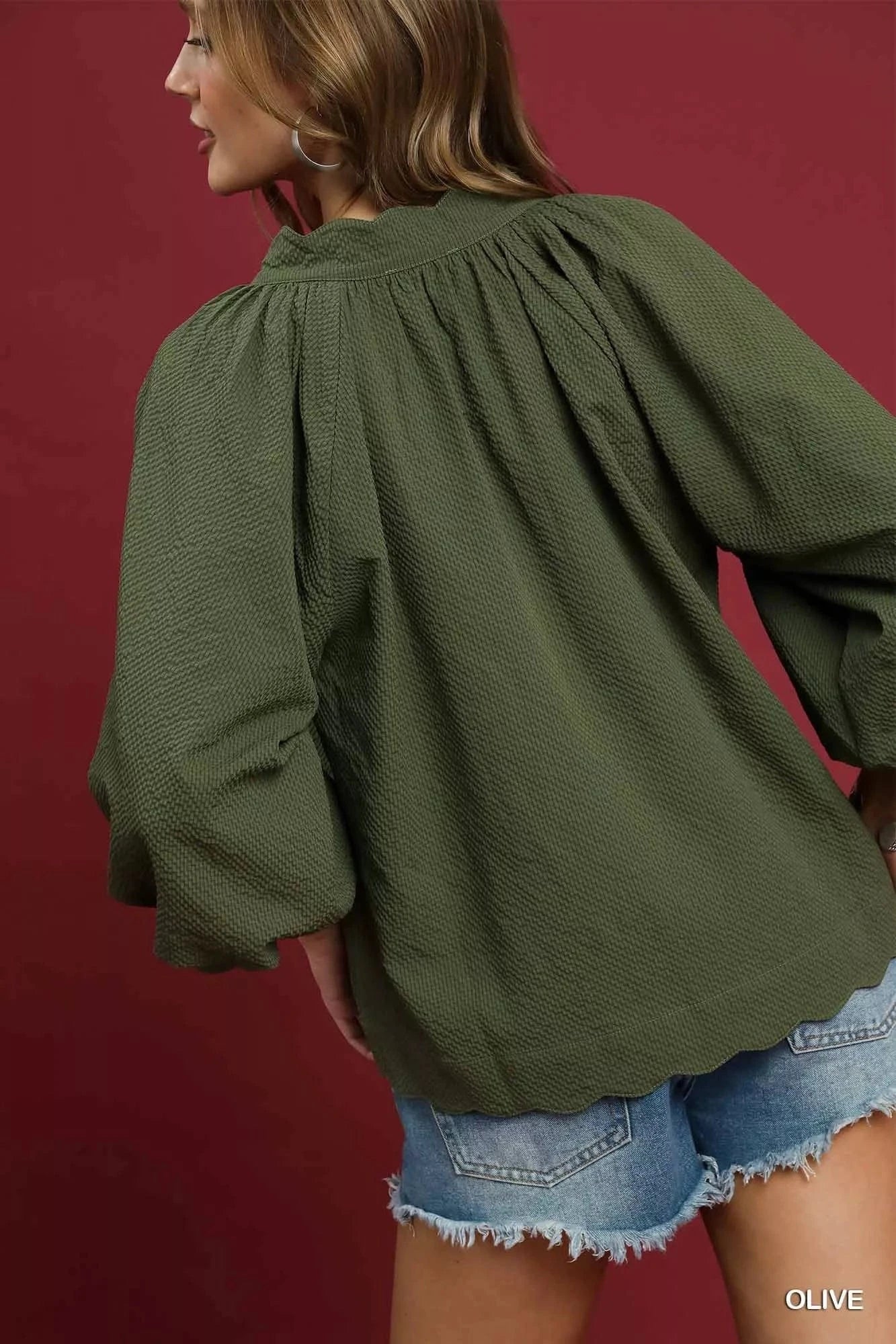 Umgee Full Size Textured Notched Balloon Sleeve Blouse Plus Size - ShalayeFashion