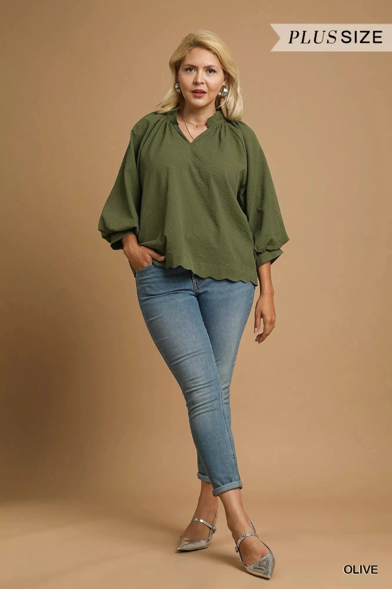 Umgee Full Size Textured Notched Balloon Sleeve Blouse Plus Size - ShalayeFashion