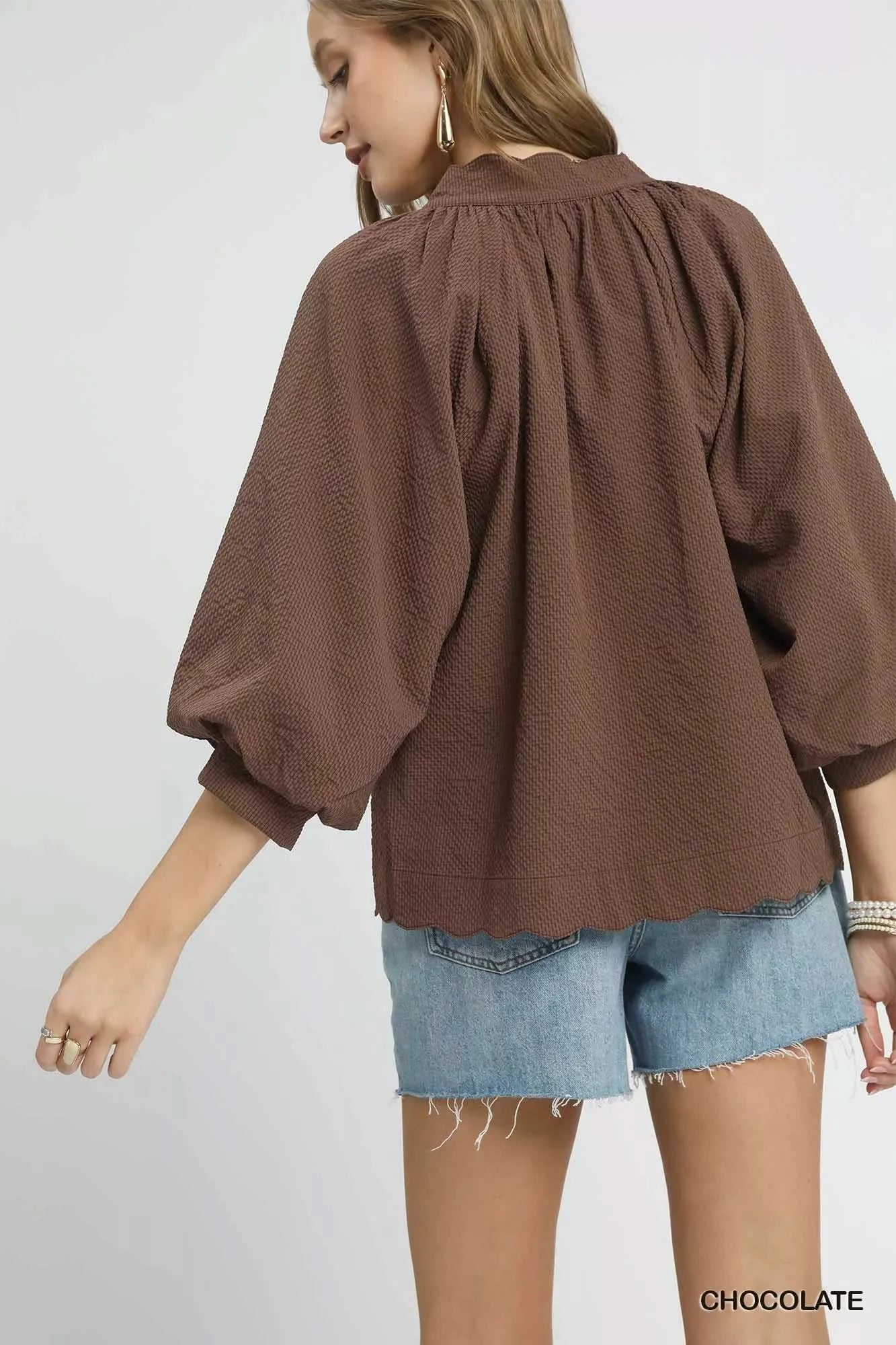 Umgee Full Size Textured Notched Balloon Sleeve Blouse Plus Size - ShalayeFashion