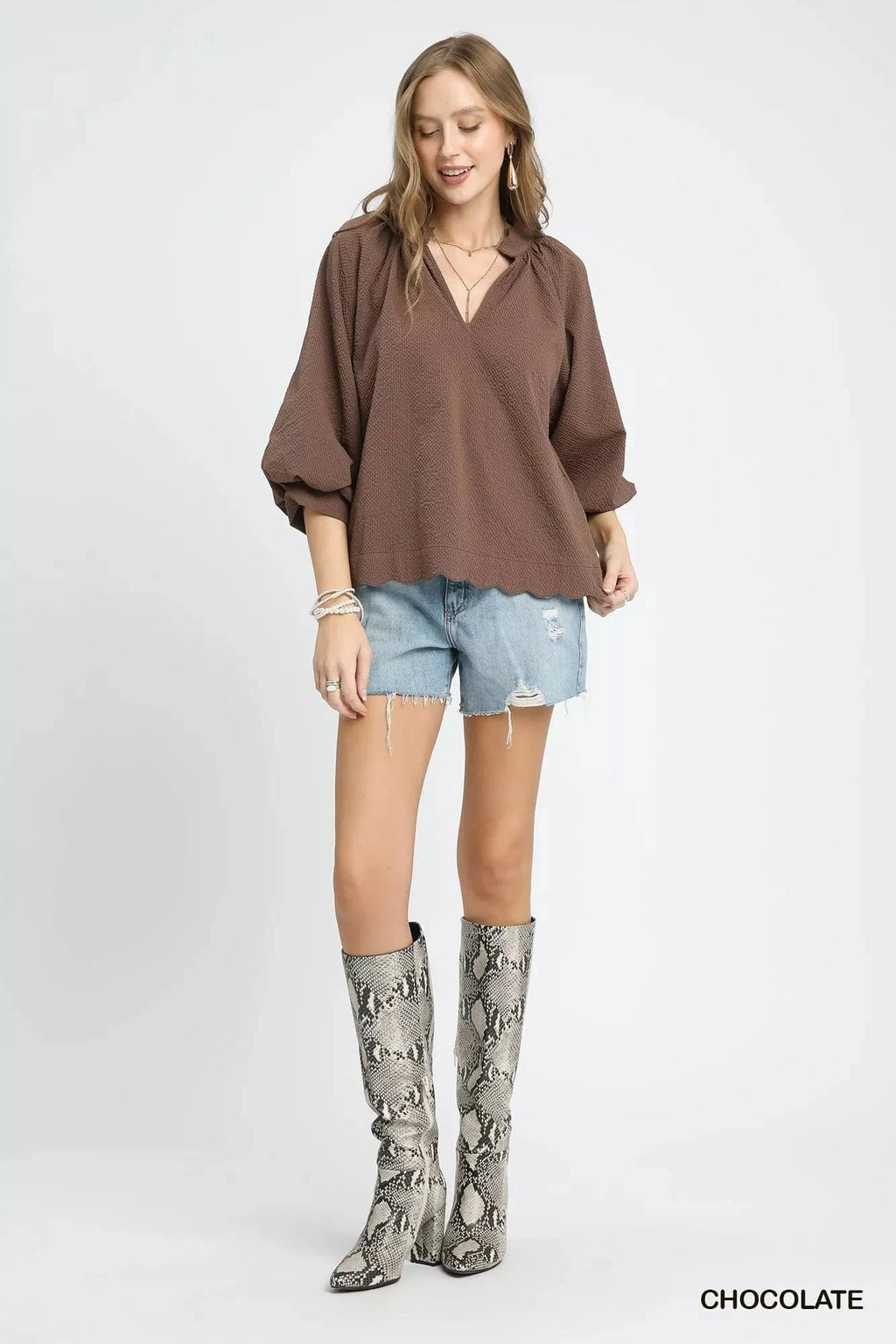 Umgee Full Size Textured Notched Balloon Sleeve Blouse Plus Size - ShalayeFashion