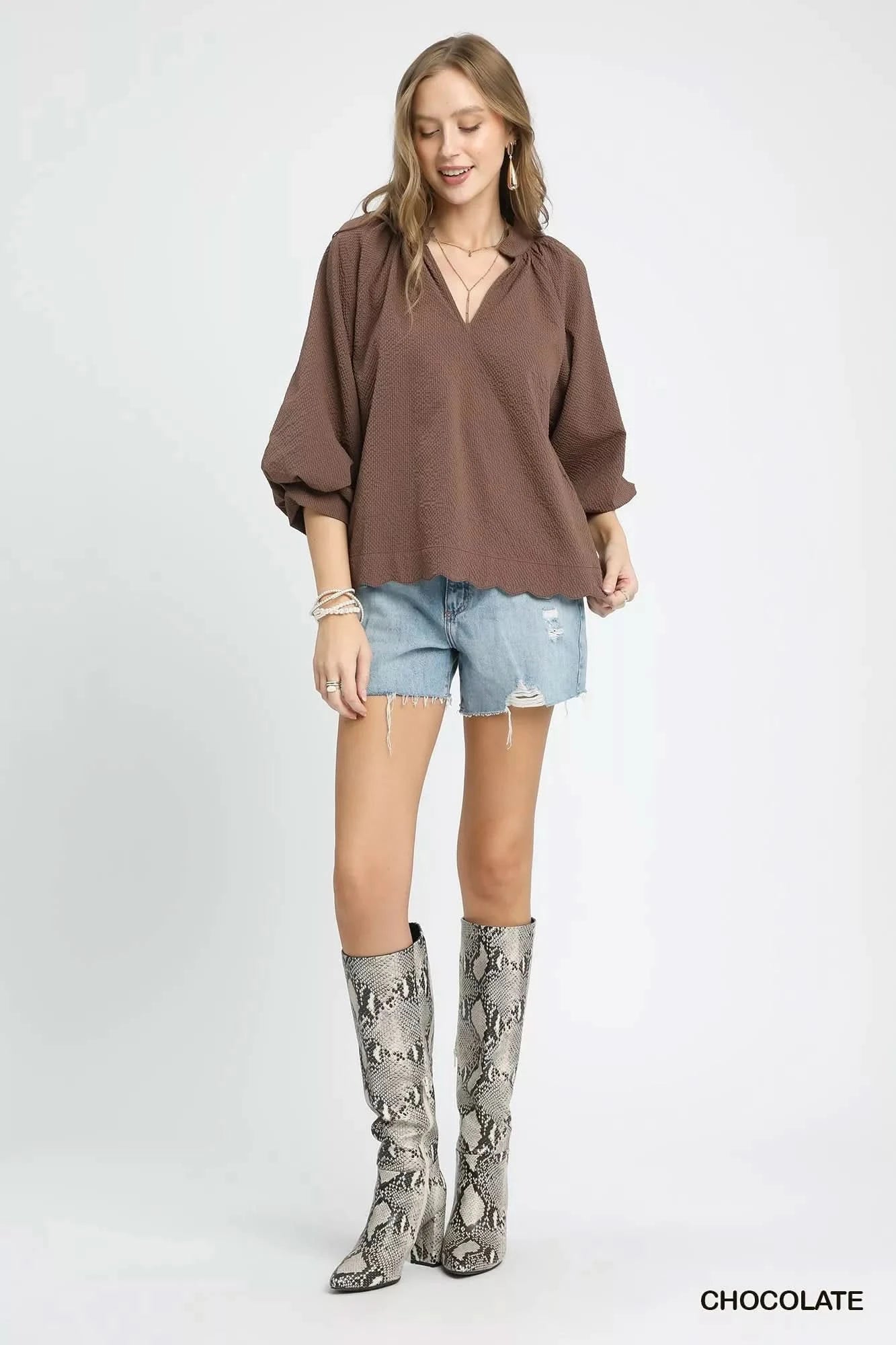 Umgee Full Size Textured Notched Balloon Sleeve Blouse Plus Size - ShalayeFashion
