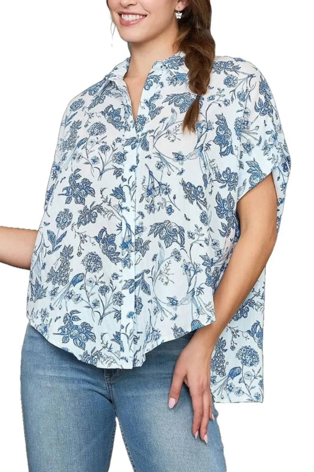 Umgee Full Size Two Tone Floral Print Top Plus Size - ShalayeFashion