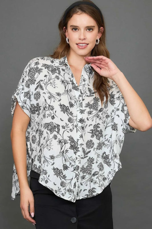 Umgee Full Size Two Tone Floral Print Top Plus Size - ShalayeFashion