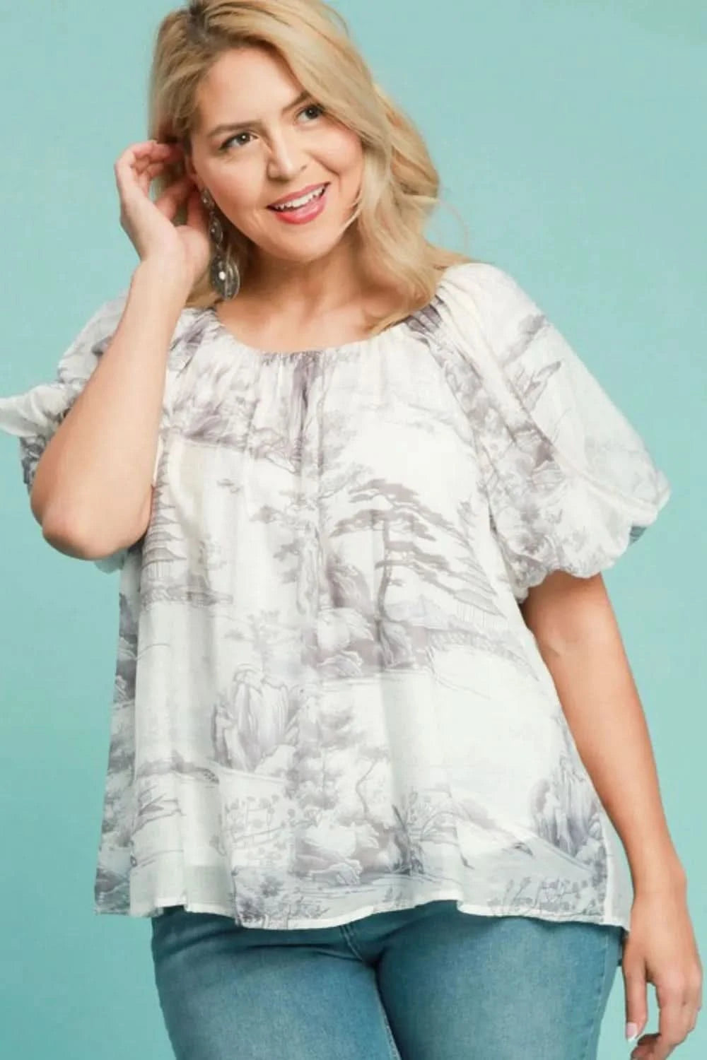 Umgee Full Size Two Tone Toile Print Top Plus Size - ShalayeFashion