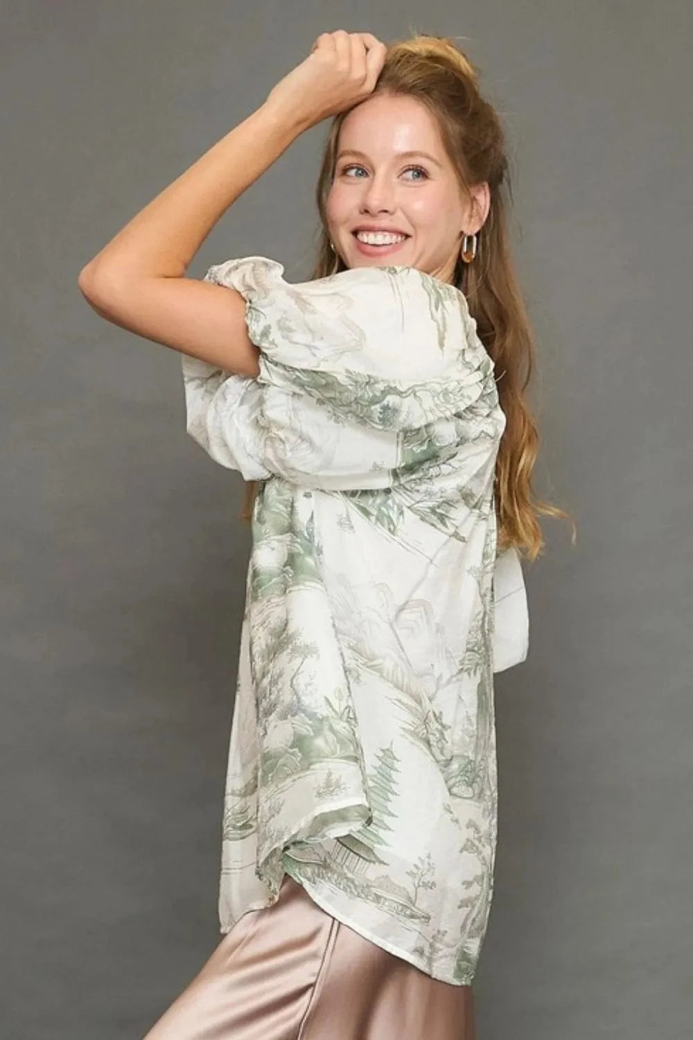 Umgee Full Size Two Tone Toile Print Top Plus Size - ShalayeFashion