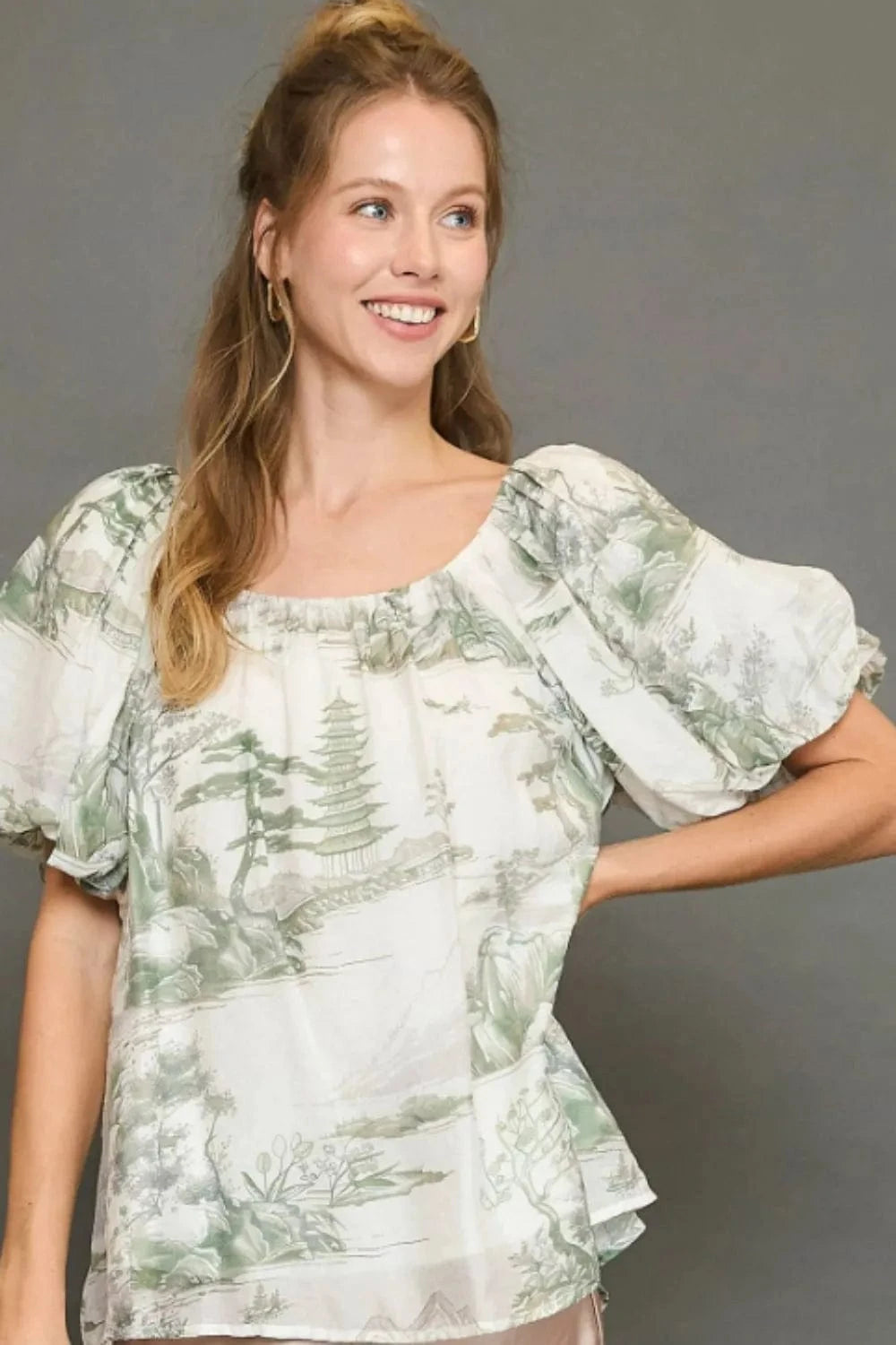 Umgee Full Size Two Tone Toile Print Top Plus Size - ShalayeFashion
