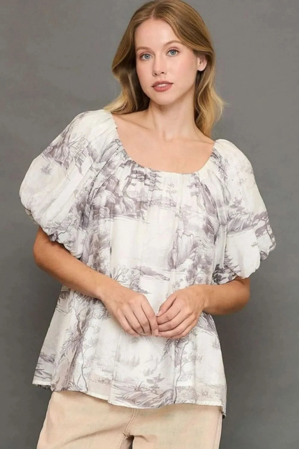 Umgee Full Size Two Tone Toile Print Top Plus Size - ShalayeFashion