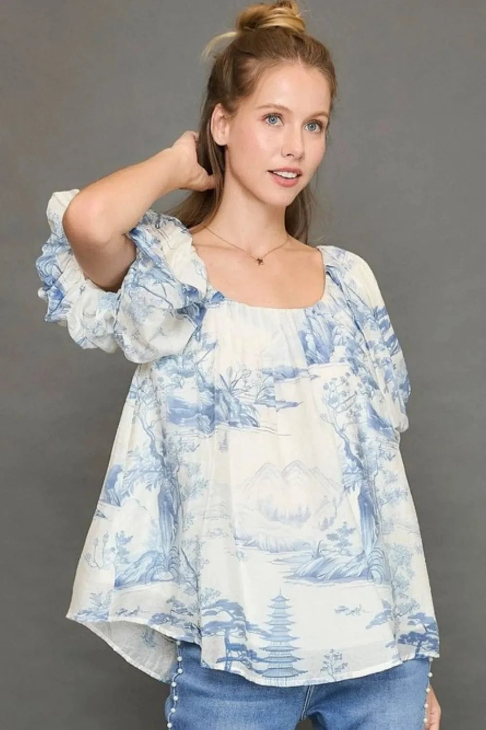 Umgee Full Size Two Tone Toile Print Top Plus Size - ShalayeFashion
