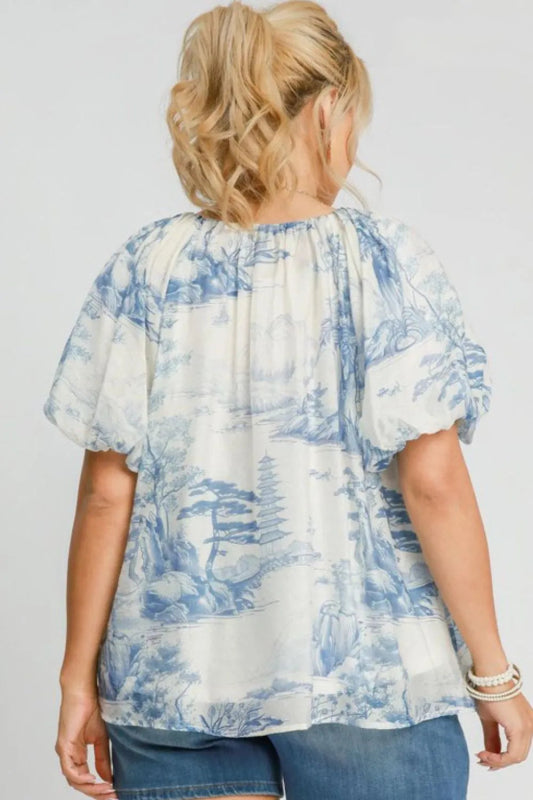Umgee Full Size Two Tone Toile Print Top Plus Size - ShalayeFashion