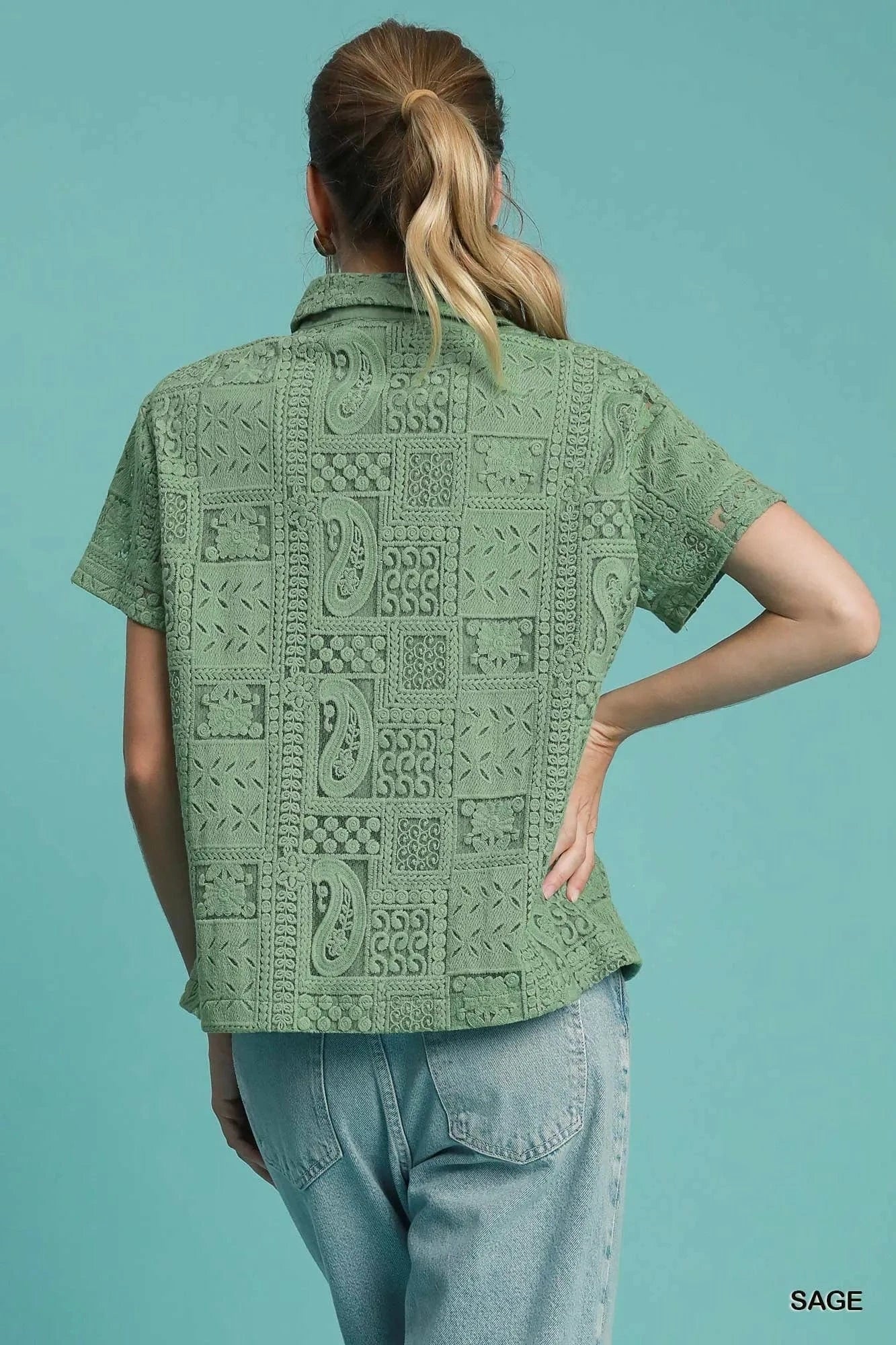 Umgee Patch Lace Short Sleeve Button Down Shirt - ShalayeFashion