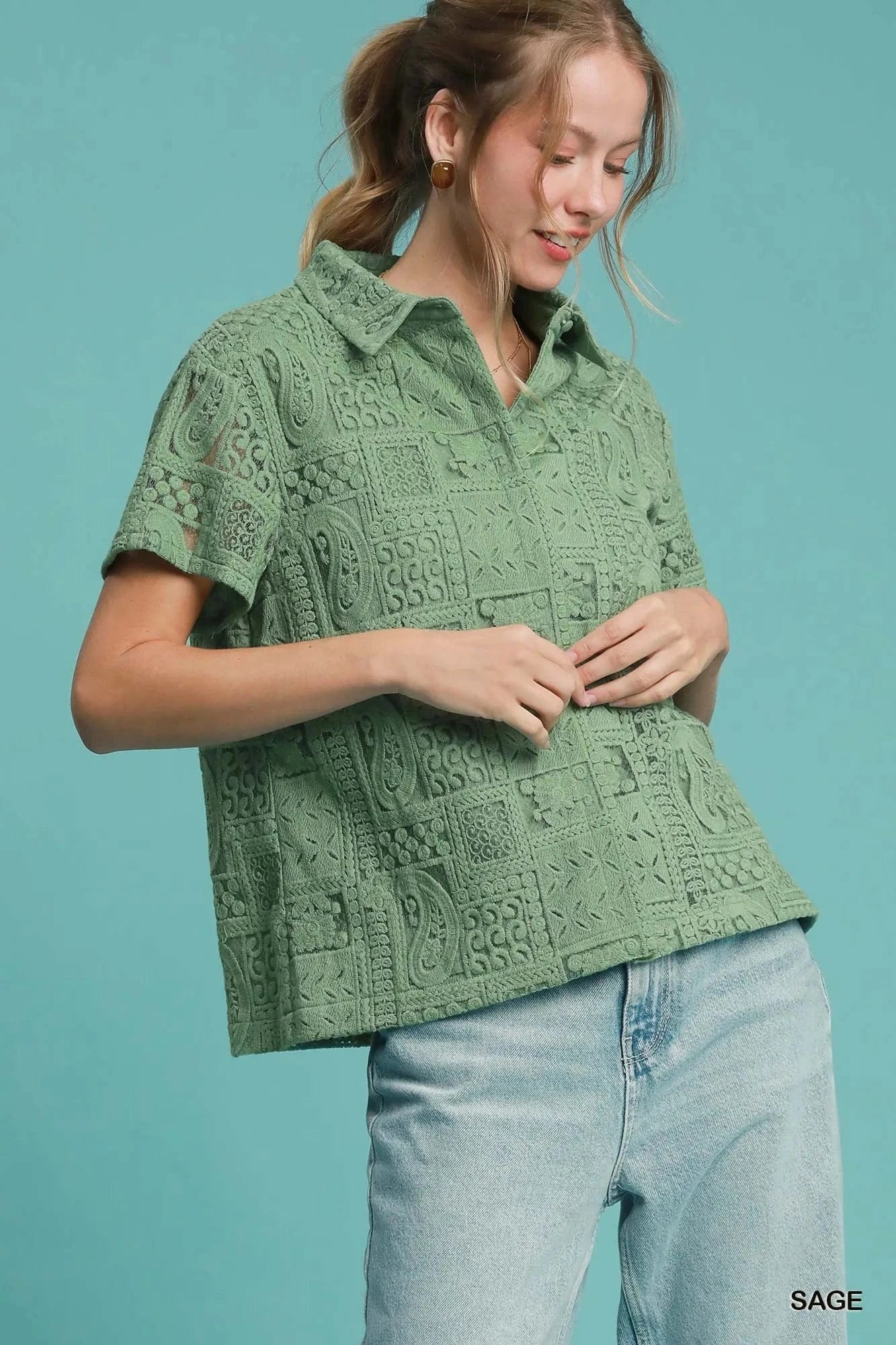 Umgee Patch Lace Short Sleeve Button Down Shirt - ShalayeFashion