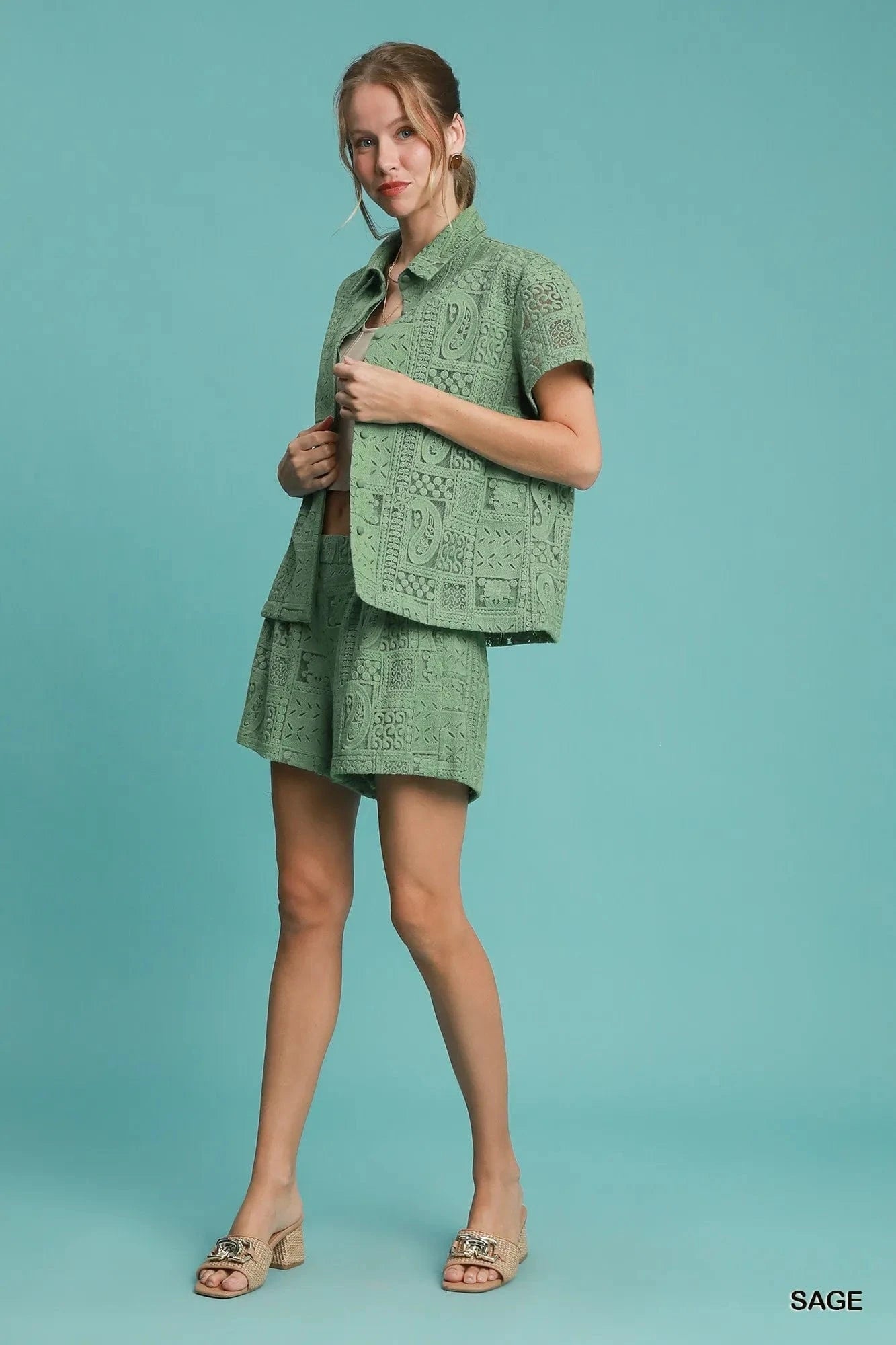 Umgee Patch Lace Short Sleeve Button Down Shirt - ShalayeFashion