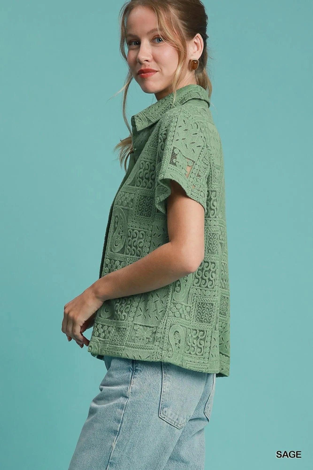 Umgee Patch Lace Short Sleeve Button Down Shirt - ShalayeFashion