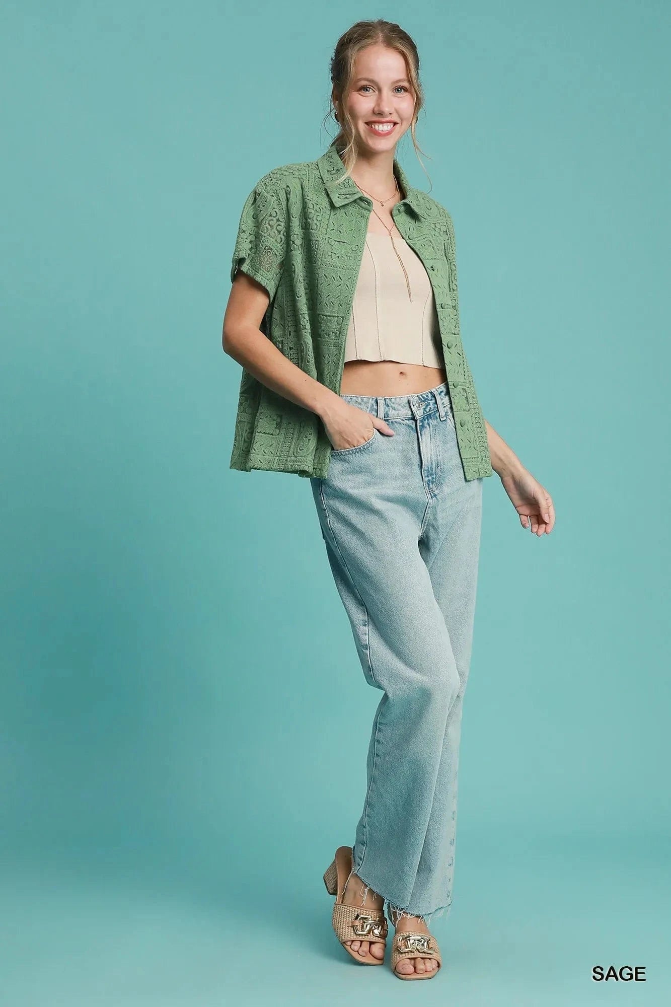 Umgee Patch Lace Short Sleeve Button Down Shirt - ShalayeFashion