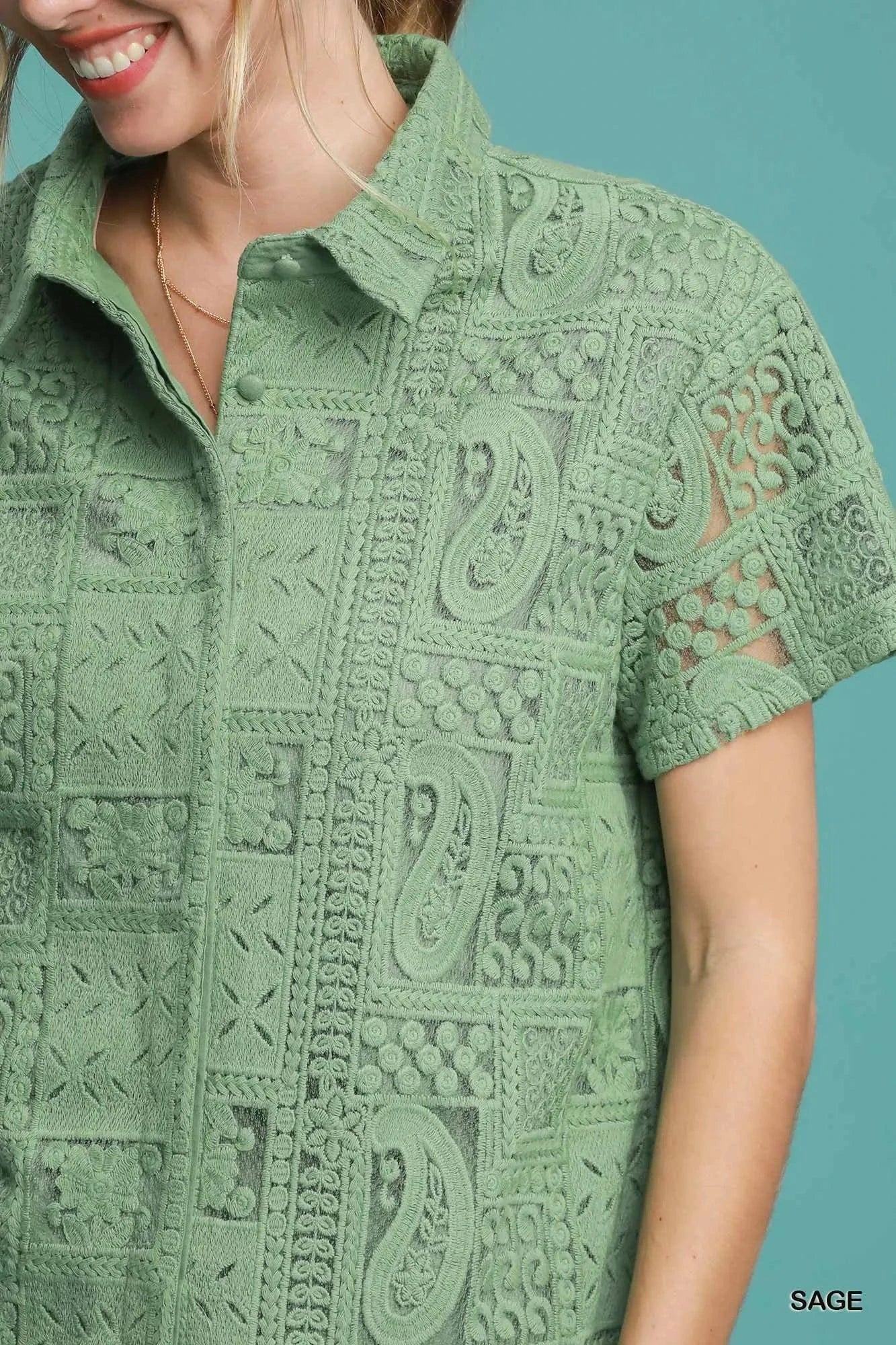 Umgee Patch Lace Short Sleeve Button Down Shirt - ShalayeFashion