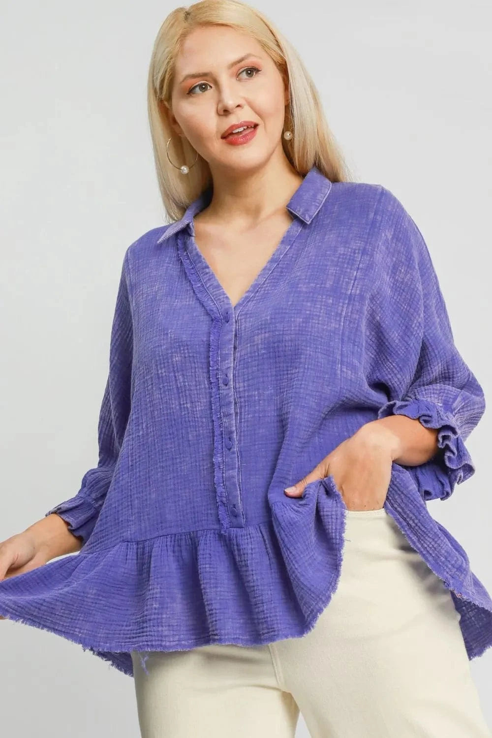 Umgee Plus Size Size Mineral Washed Cotton Gauze Top - ShalayeFashion