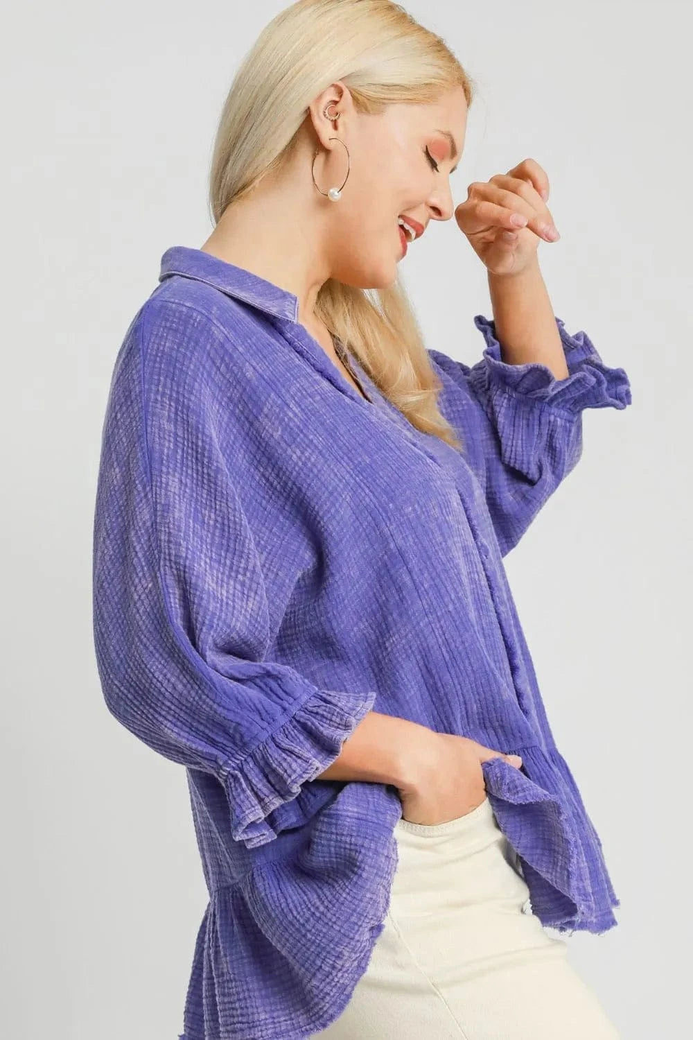 Umgee Plus Size Size Mineral Washed Cotton Gauze Top - ShalayeFashion