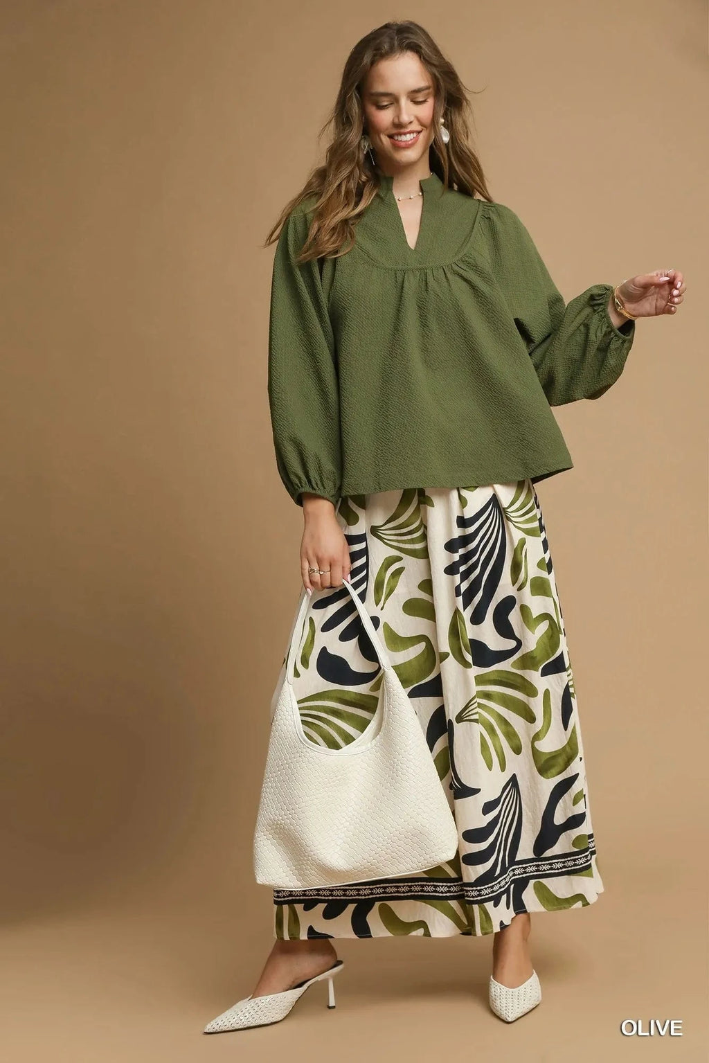 Umgee Textured Notched Blouse with Balloon Sleeves - ShalayeFashion