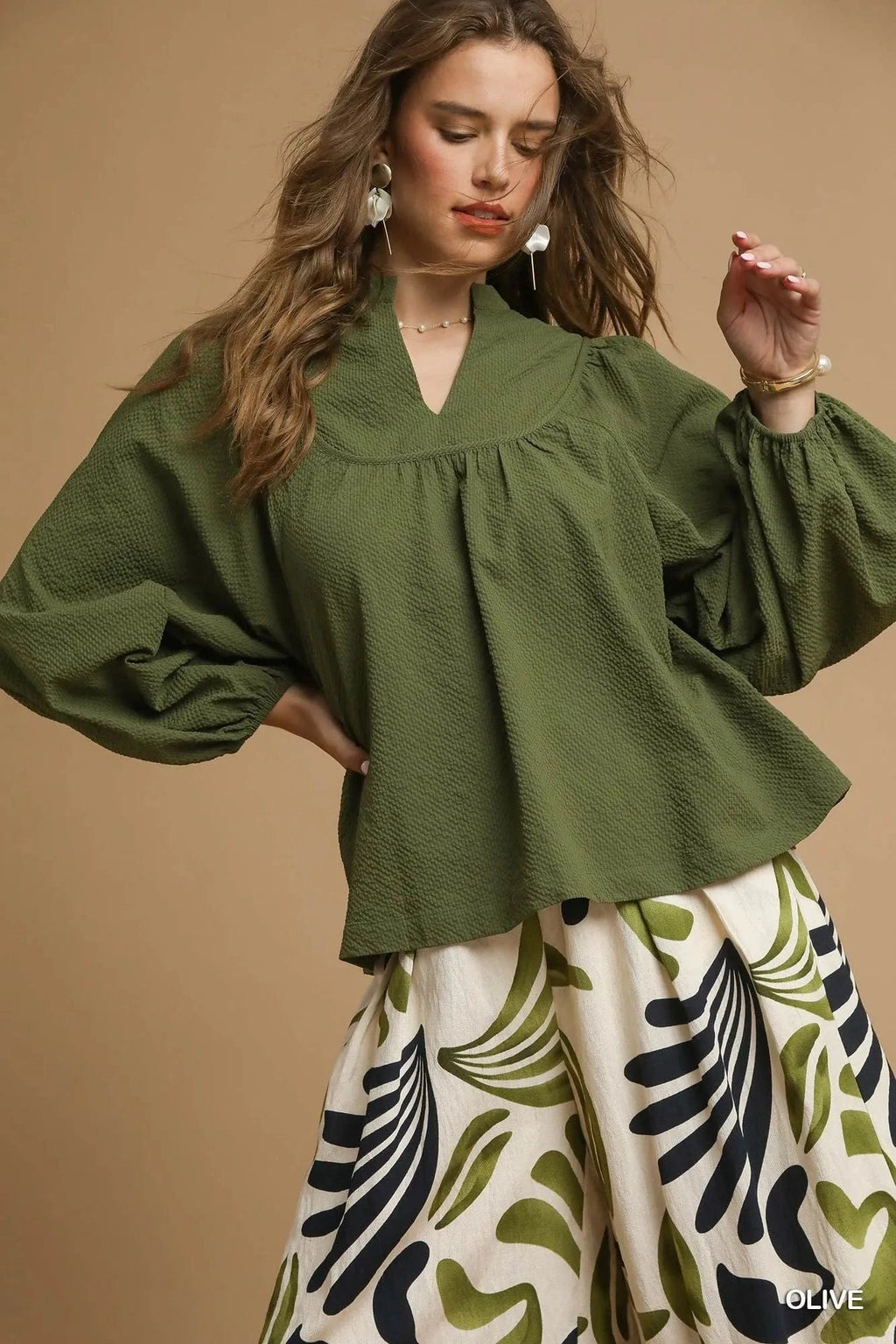 Umgee Textured Notched Blouse with Balloon Sleeves - ShalayeFashion
